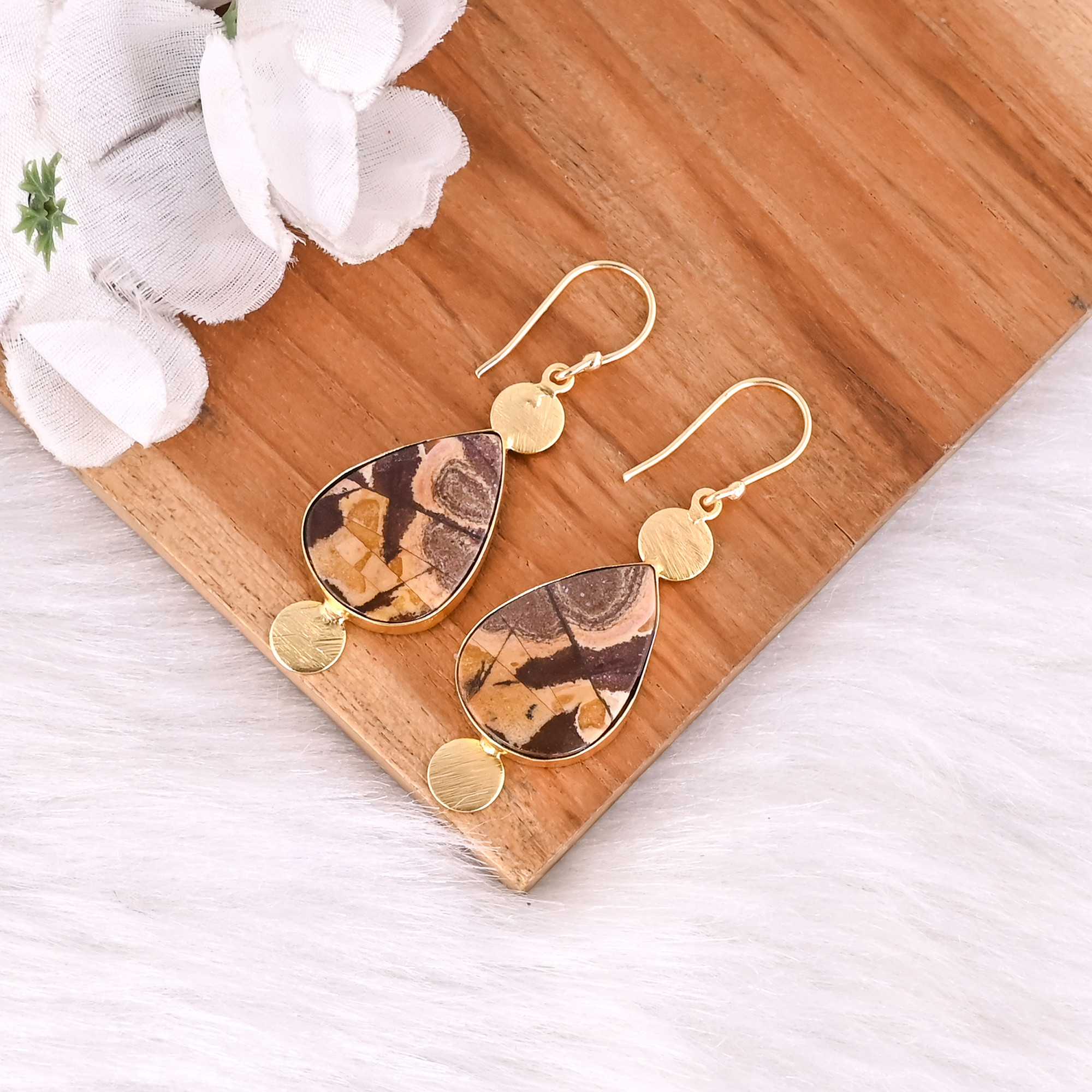 Hot Selling Yellow Gold Plated Earring Picture Jasper Gemstone Earring Fashion Boho Statement Earrings Wholesale Manufacturer