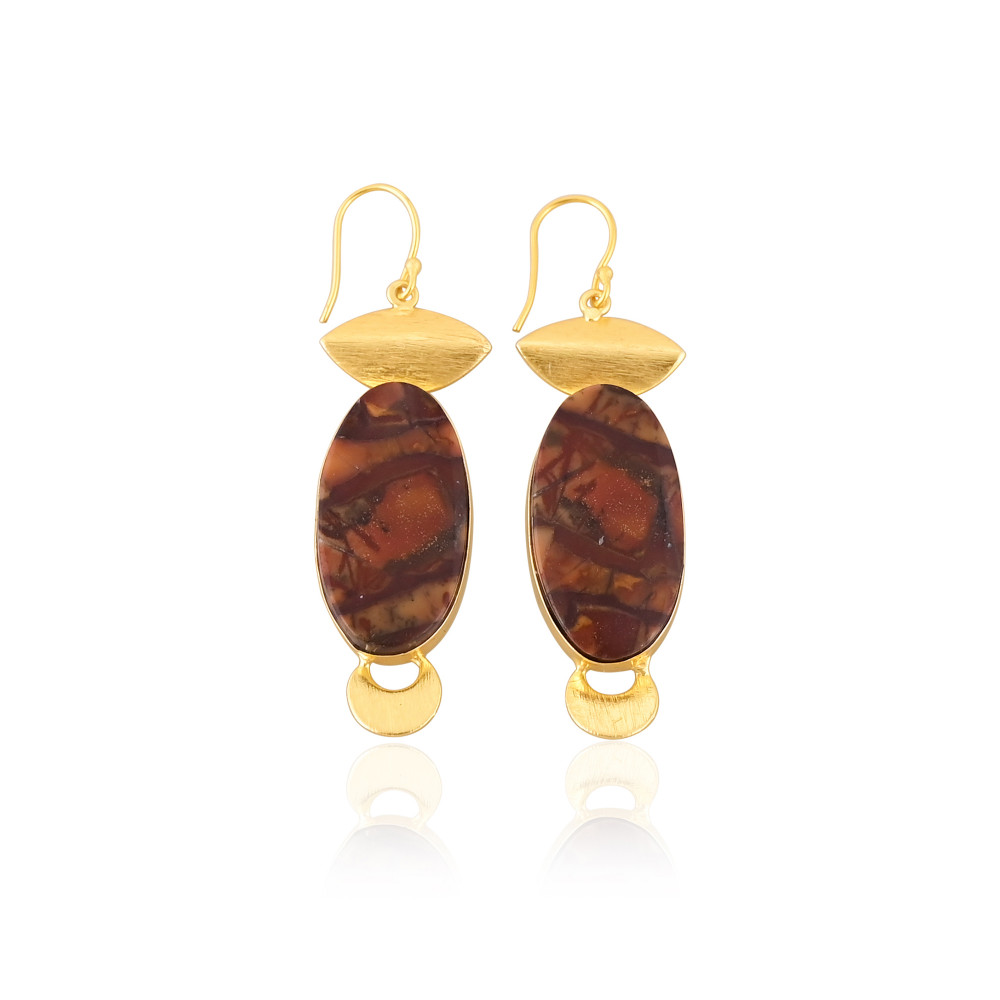 Image of Ethnic Brass Earrings With Malinga Jasper Gemstone Gold Plated Handcrafted Jewelry High-quality Brass Dangle Earrings Bulk Order