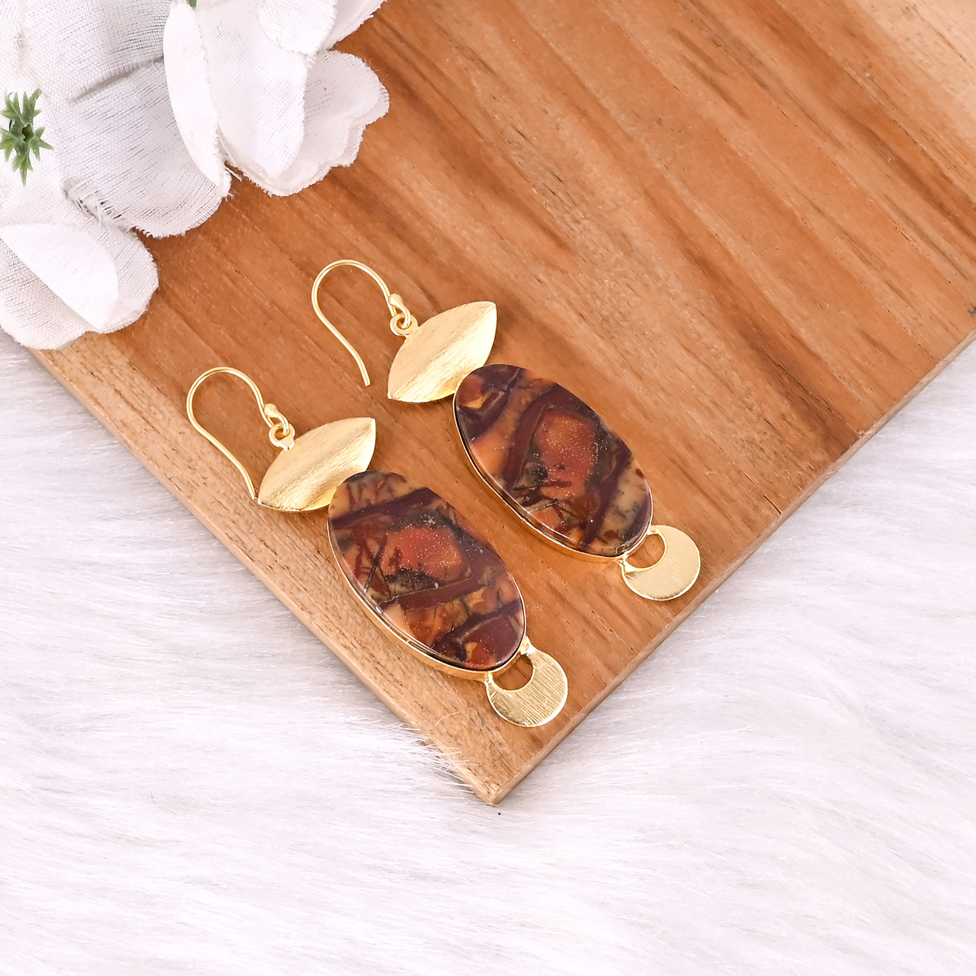 Ethnic Brass Earrings With Malinga Jasper Gemstone Gold Plated Handcrafted Jewelry High-quality Brass Dangle Earrings Bulk Order