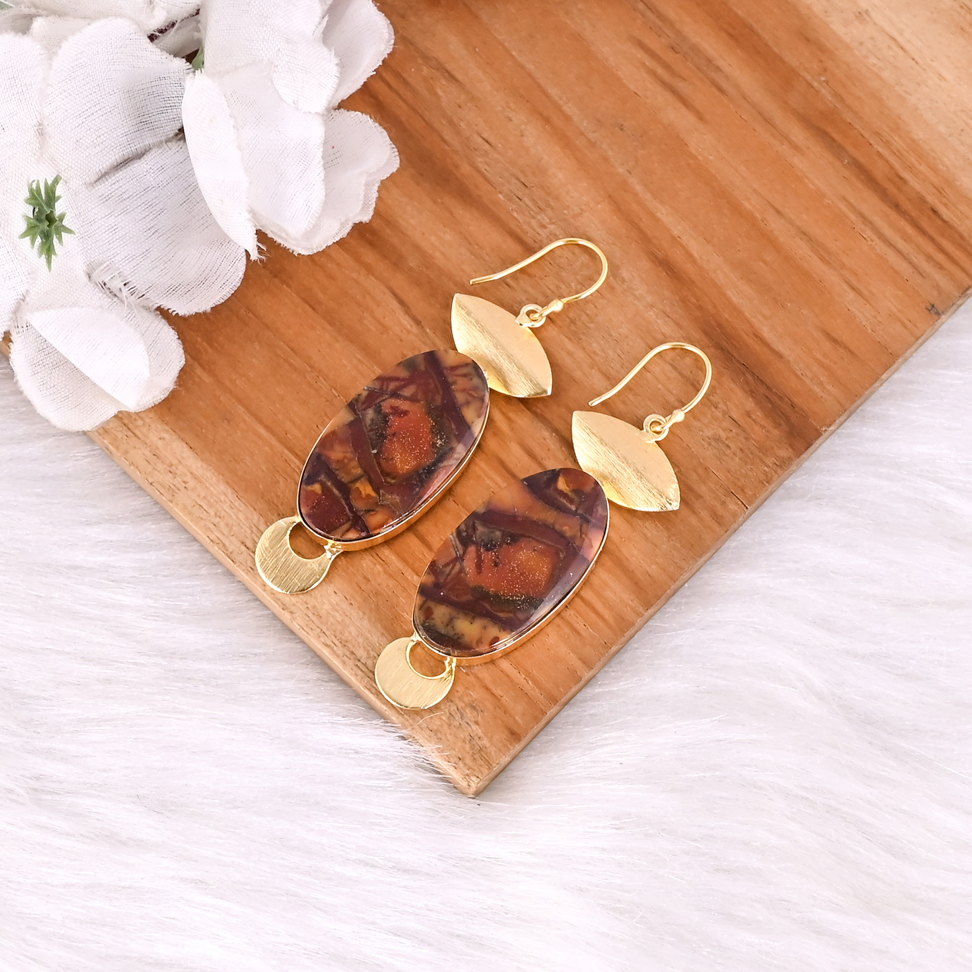 Ethnic Brass Earrings With Malinga Jasper Gemstone Gold Plated Handcrafted Jewelry High-quality Brass Dangle Earrings Bulk Order