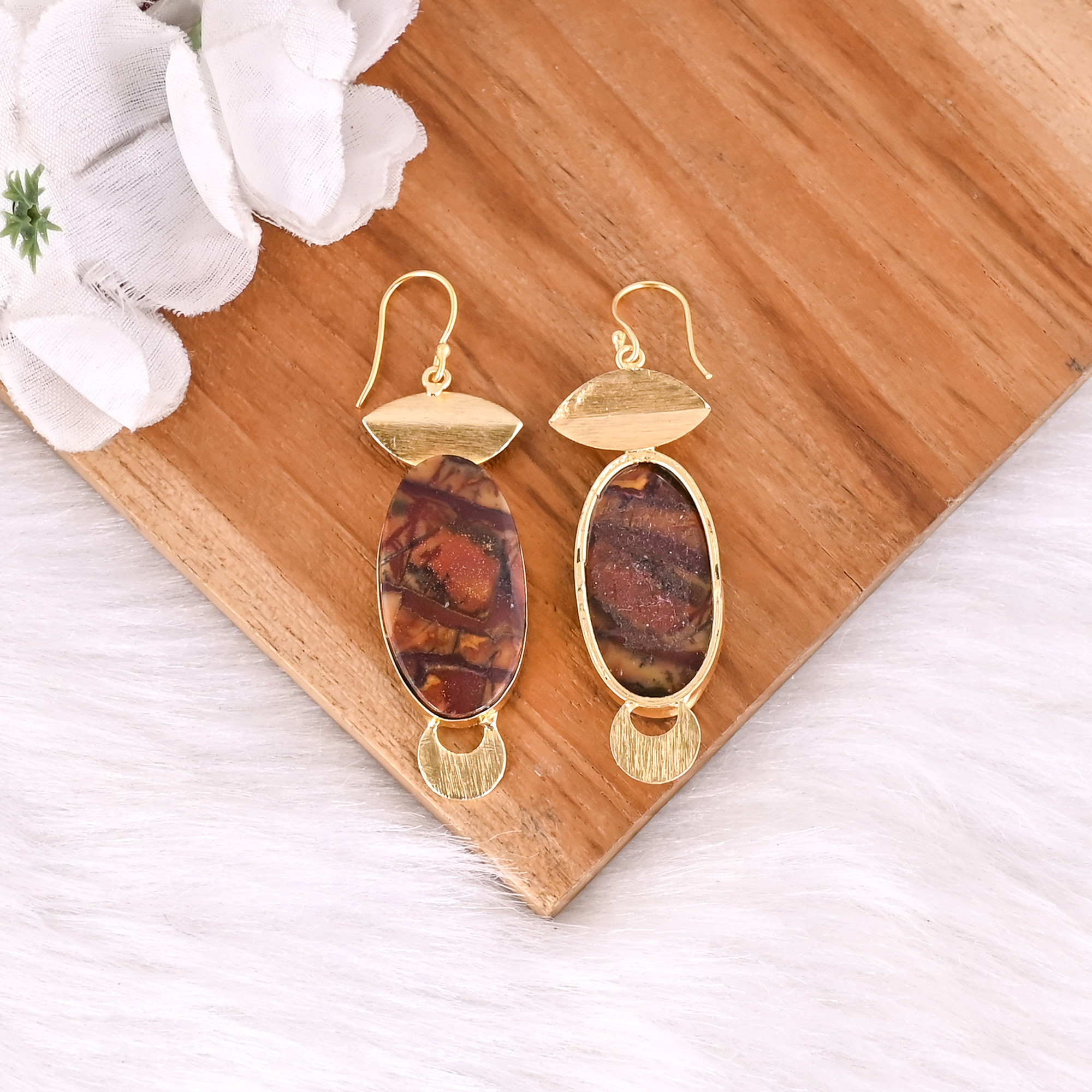 Ethnic Brass Earrings With Malinga Jasper Gemstone Gold Plated Handcrafted Jewelry High-quality Brass Dangle Earrings Bulk Order