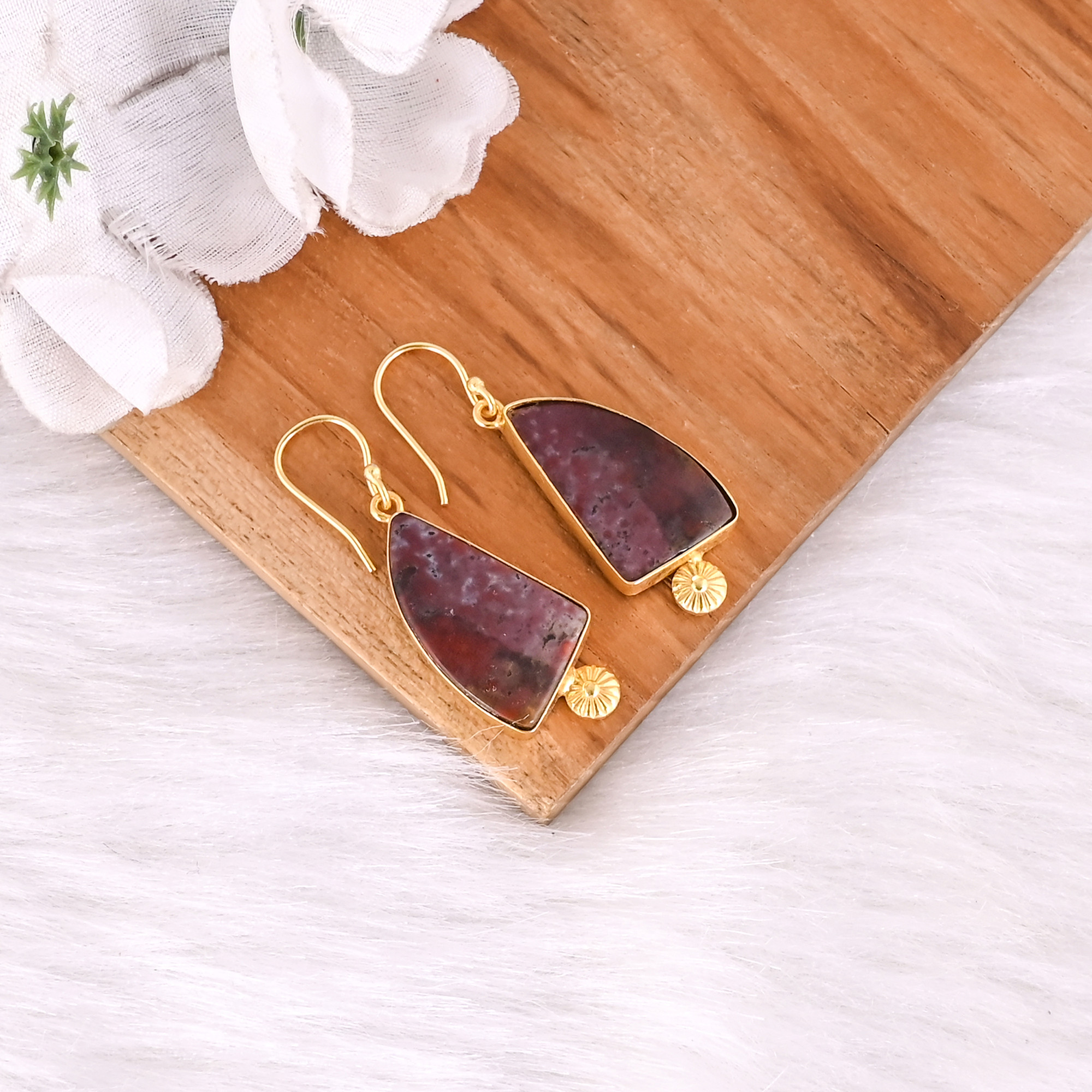 Bohemian Brass Gold Plated Ocean Jasper Gemstone Earrings Handcrafted Statement Jewelry High-quality Brass Earrings Bulk Order