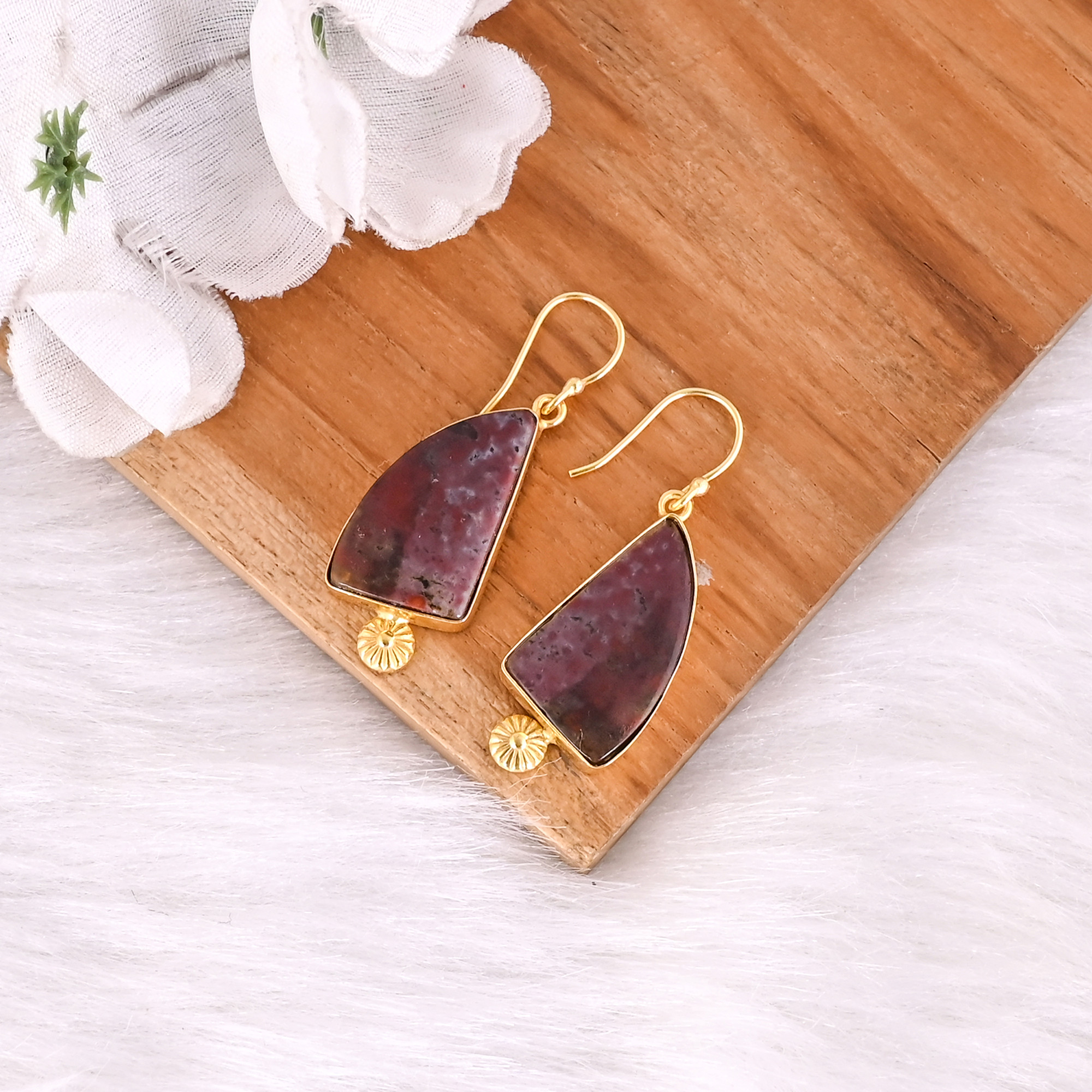 Bohemian Brass Gold Plated Ocean Jasper Gemstone Earrings Handcrafted Statement Jewelry High-quality Brass Earrings Bulk Order