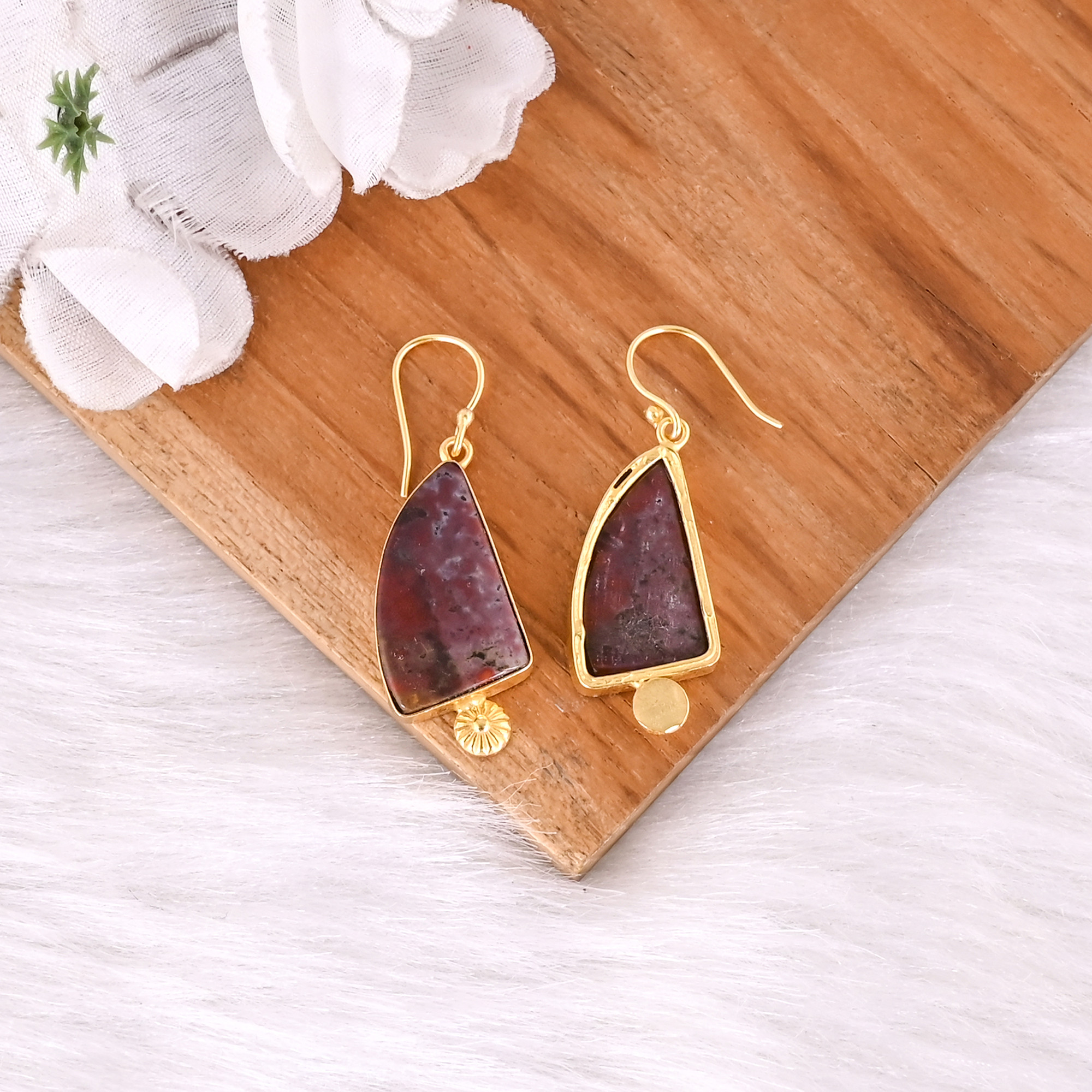 Bohemian Brass Gold Plated Ocean Jasper Gemstone Earrings Handcrafted Statement Jewelry High-quality Brass Earrings Bulk Order