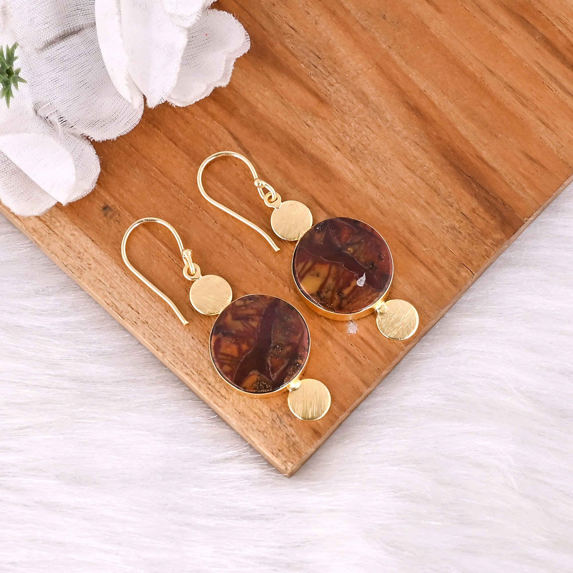 Ethnic Brass Gold Plated Earrings With Malinga Jasper Stone Handcrafted Designer Jewelry High-quality Brass Dangle Earrings