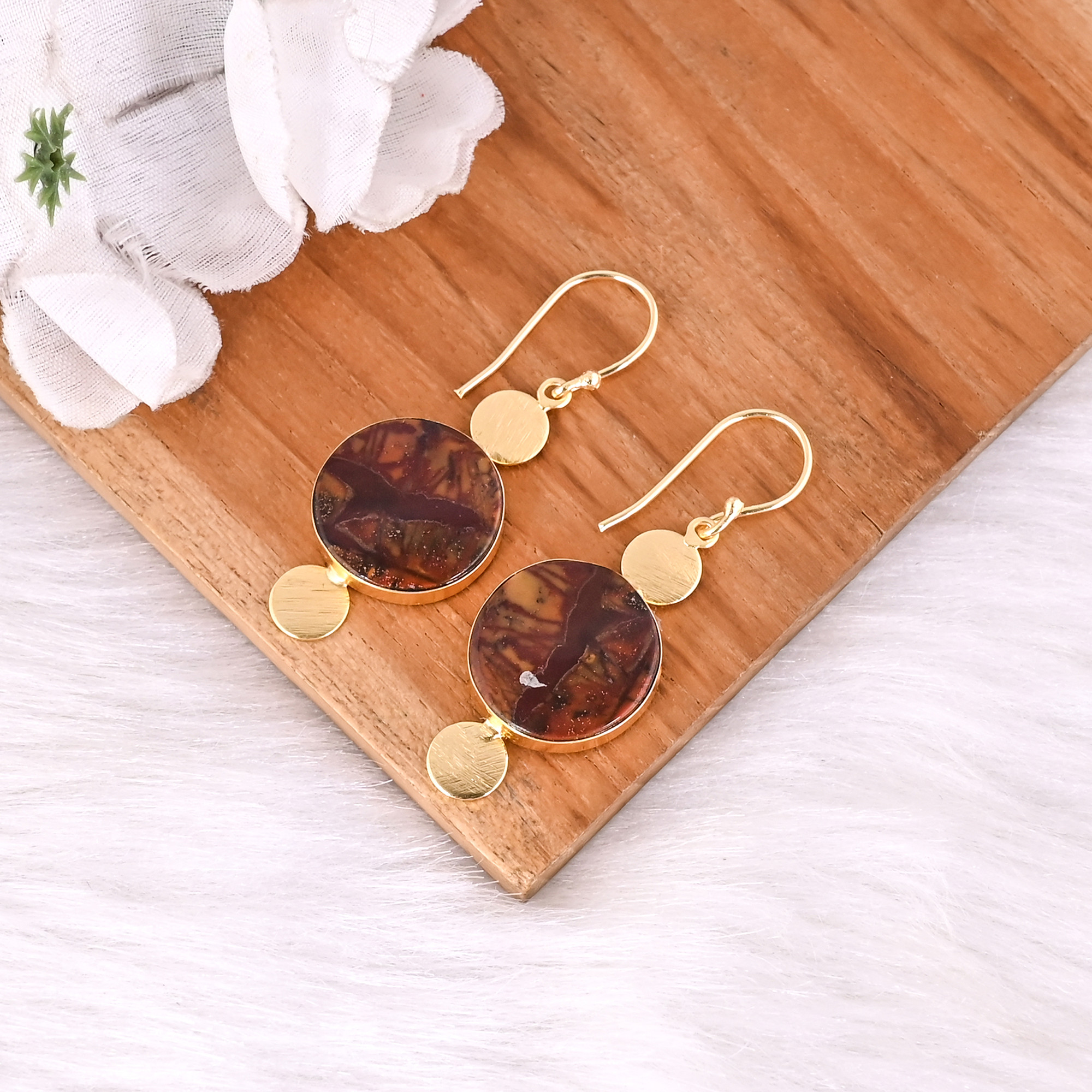 Ethnic Brass Gold Plated Earrings With Malinga Jasper Stone Handcrafted Designer Jewelry High-quality Brass Dangle Earrings