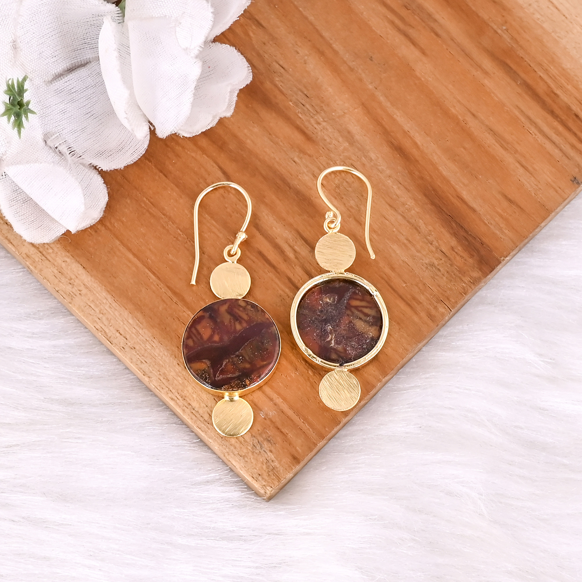Ethnic Brass Gold Plated Earrings With Malinga Jasper Stone Handcrafted Designer Jewelry High-quality Brass Dangle Earrings
