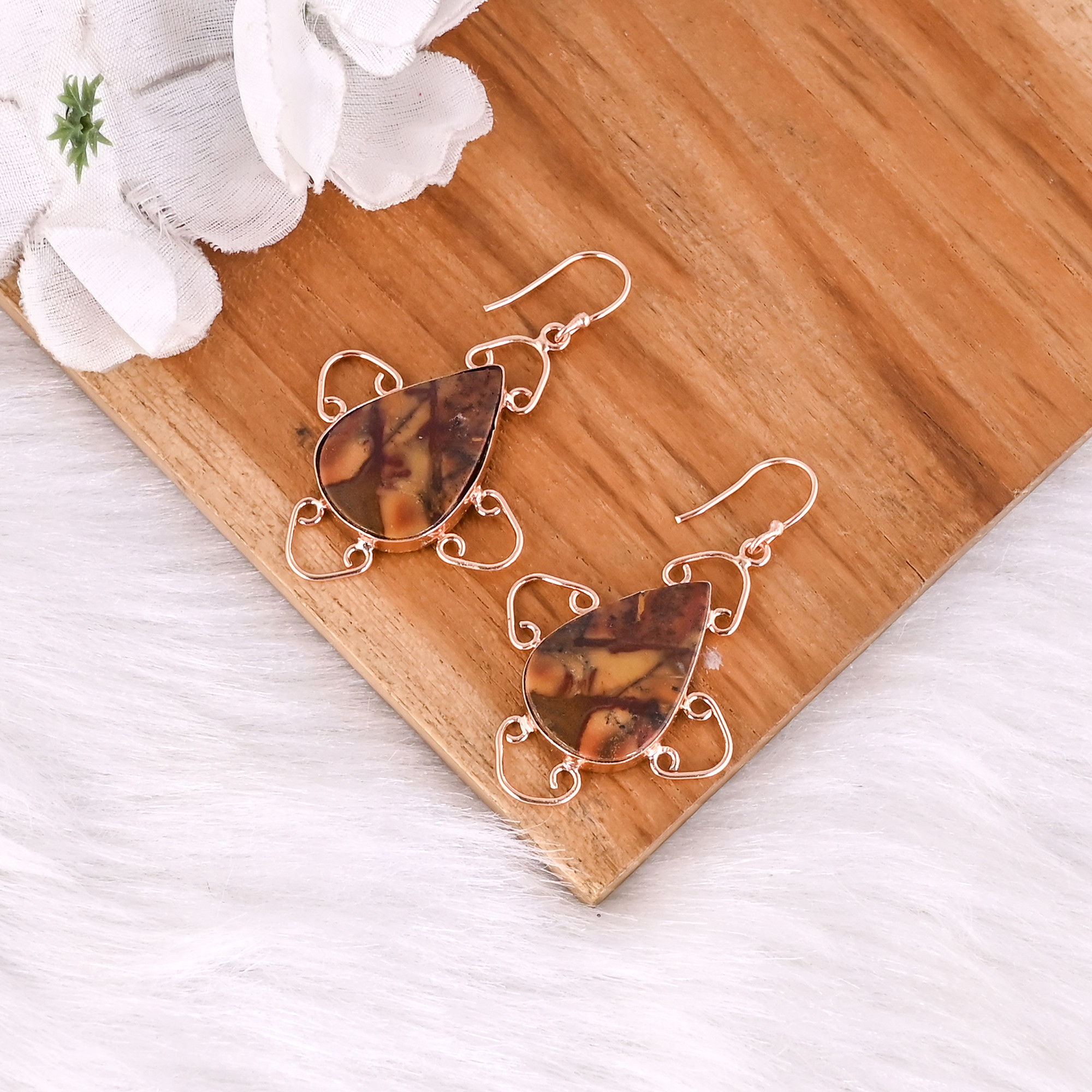 High Quality Brass Picture Jasper Rose Gold Plated Gemstone Earrings Ethnic Statement Jewelry High-quality Brass Earrings