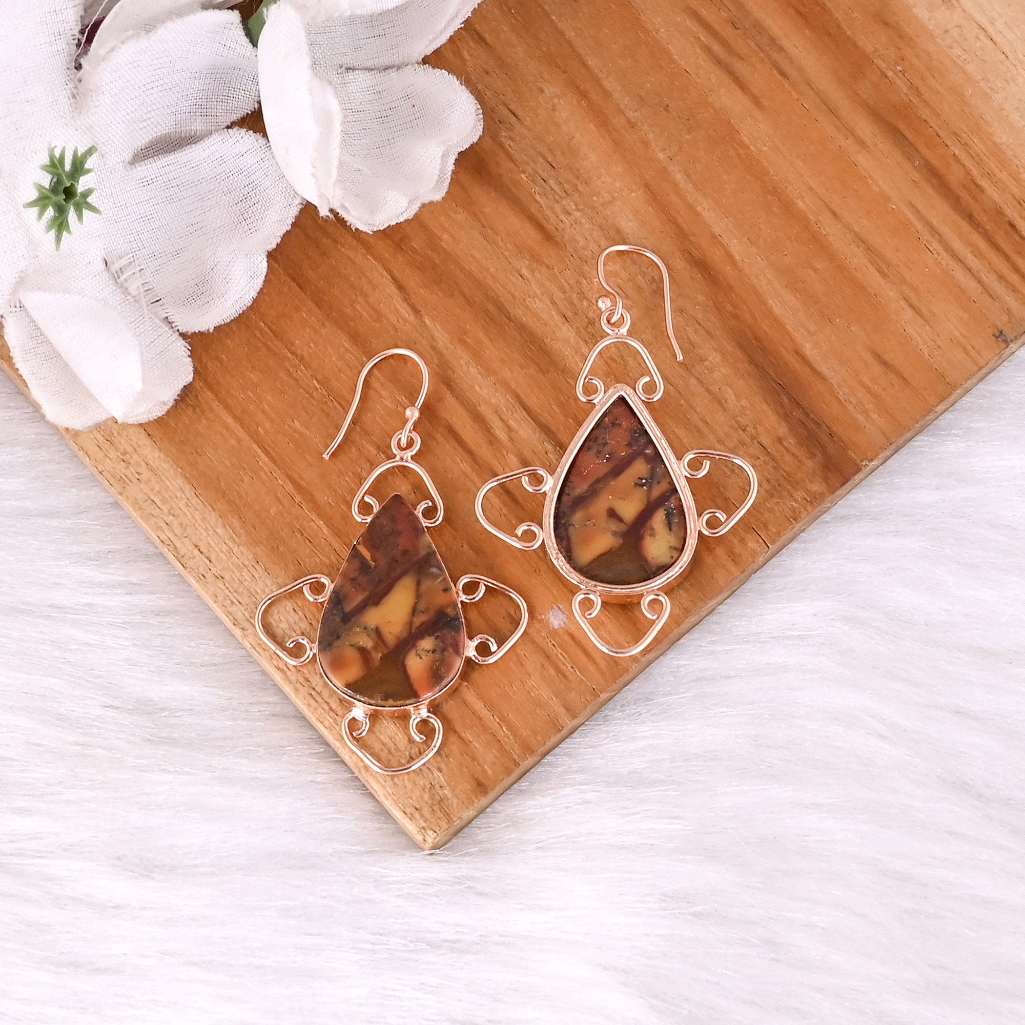 High Quality Brass Picture Jasper Rose Gold Plated Gemstone Earrings Ethnic Statement Jewelry High-quality Brass Earrings