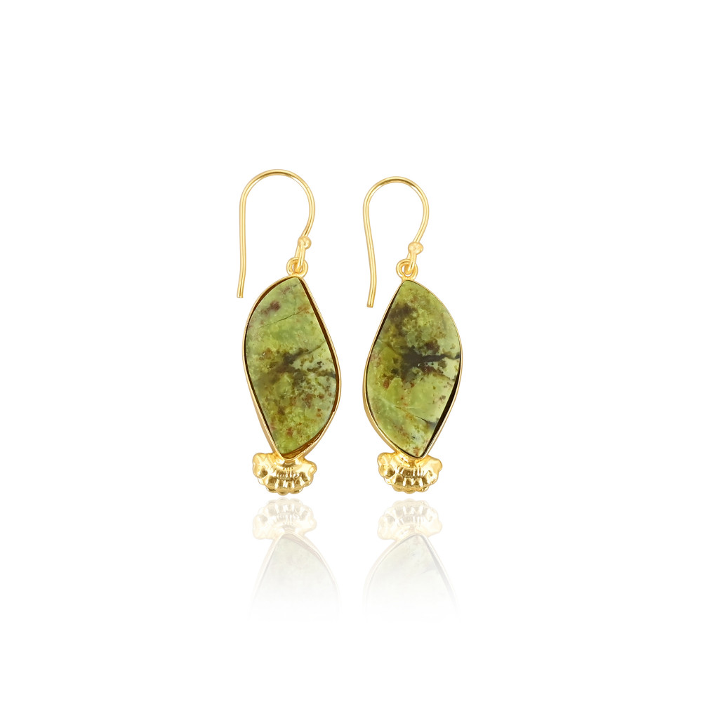Image of Bohemian Brass Green Opal Gemstone Gold Plated Earrings Handmade Ethnic Statement Jewelry High-quality Brass Earrings Bulk Order