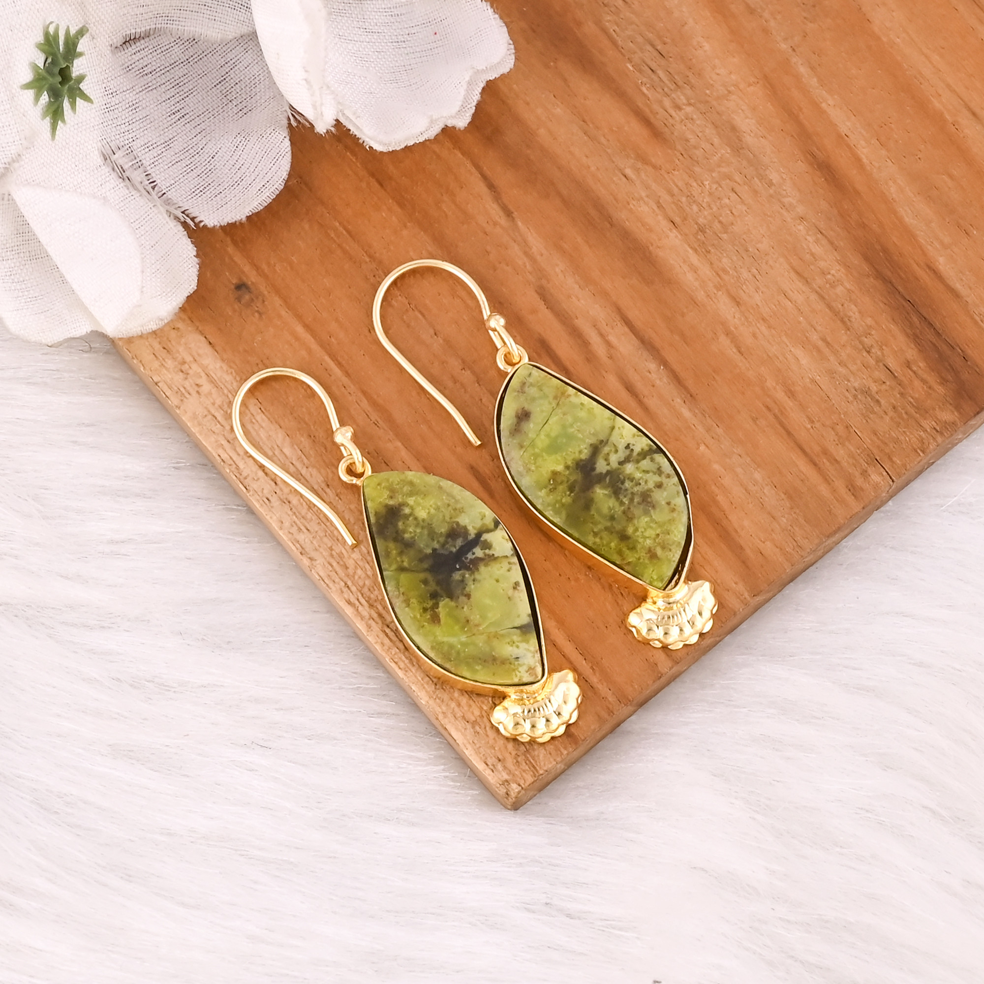 Bohemian Brass Green Opal Gemstone Gold Plated Earrings Handmade Ethnic Statement Jewelry High-quality Brass Earrings Bulk Order