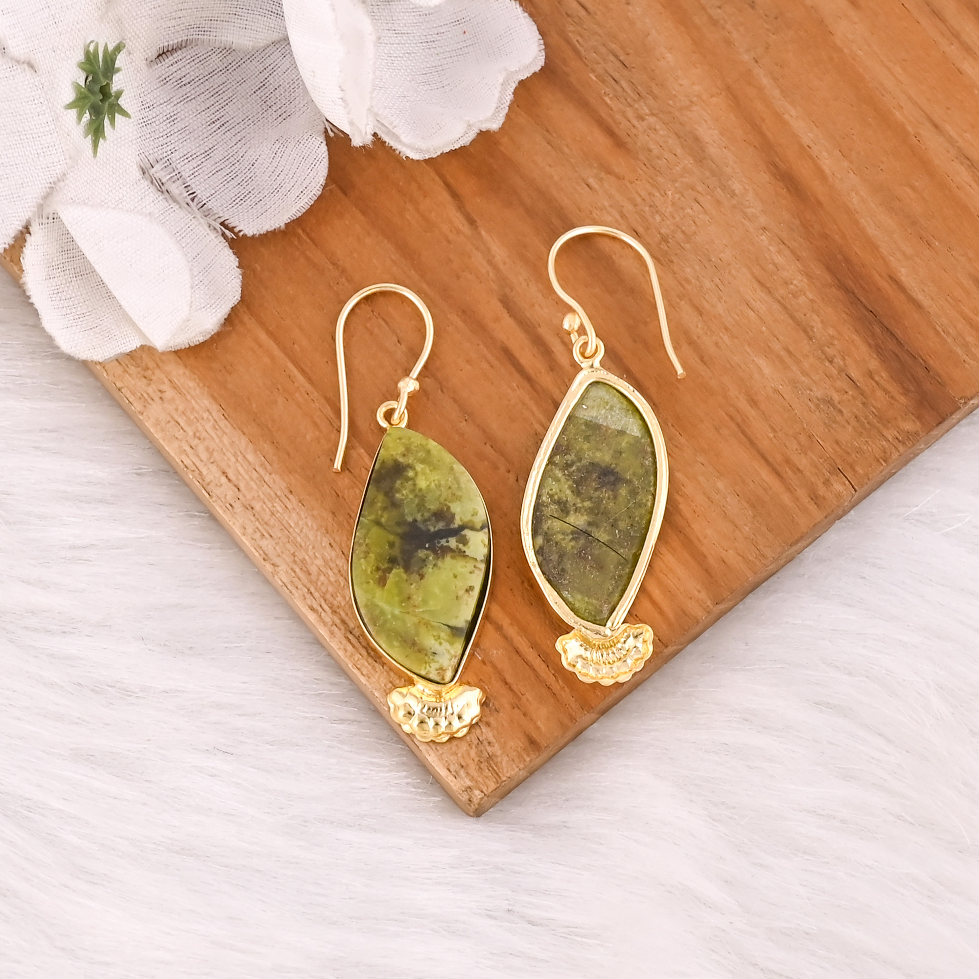 Bohemian Brass Green Opal Gemstone Gold Plated Earrings Handmade Ethnic Statement Jewelry High-quality Brass Earrings Bulk Order