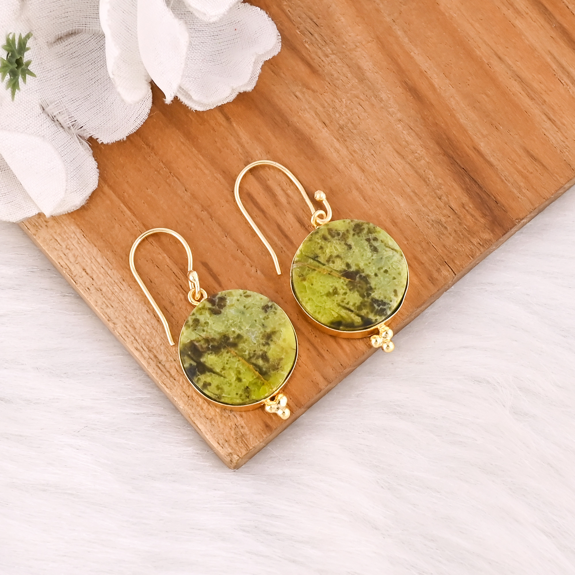 Bohemian Brass Green Opal Gemstone Gold Plated Earrings Handmade Ethnic Statement Jewelry High-quality Brass Earrings Bulk Order