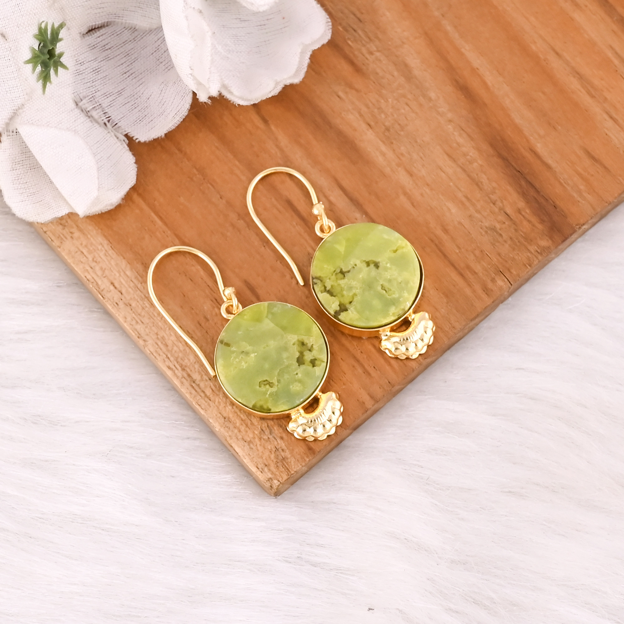 Handmade Brass Gold Plated Green Opal Stone Earrings For Daily Outfits Trendy Brass Drop Earrings For Special Events Wear