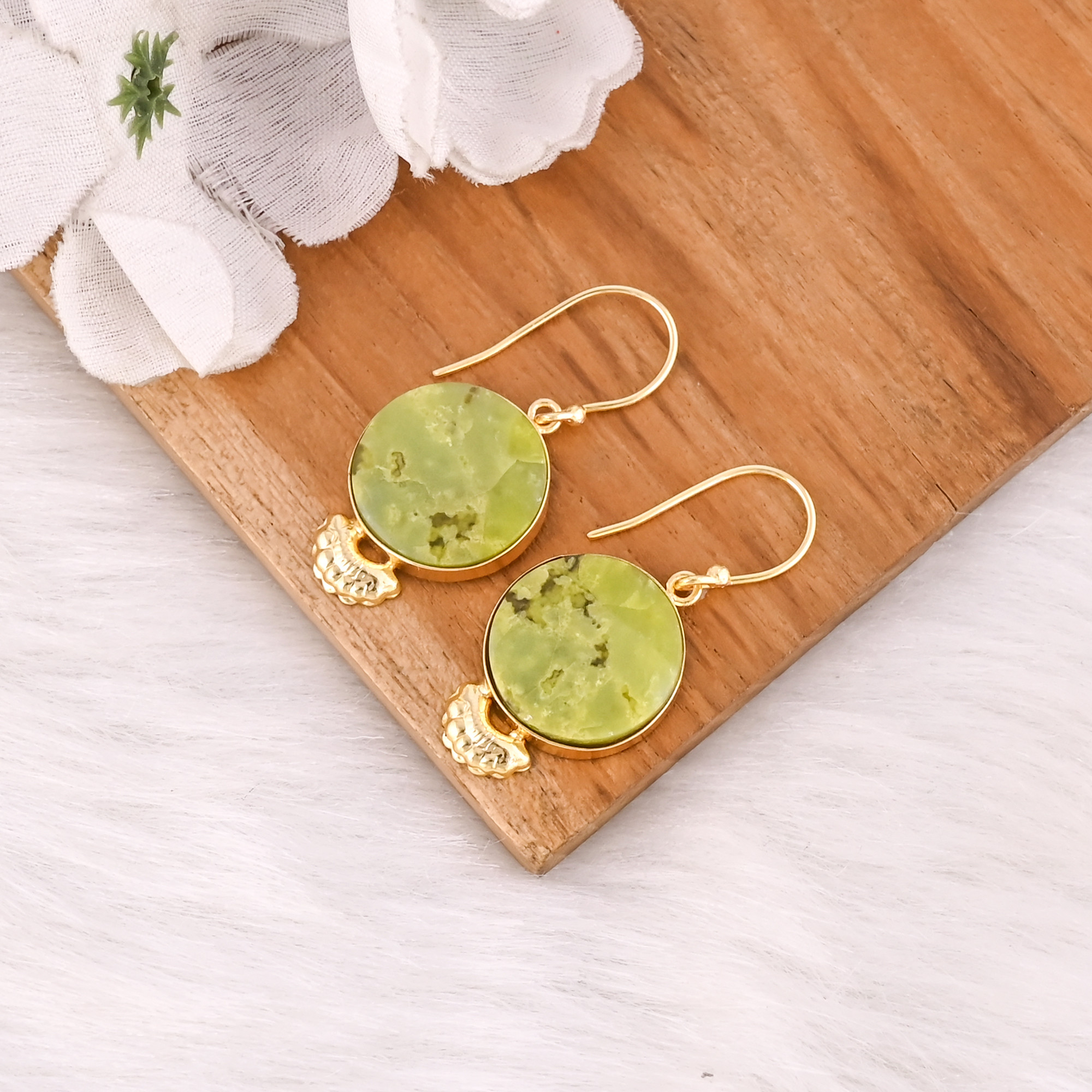 Handmade Brass Gold Plated Green Opal Stone Earrings For Daily Outfits Trendy Brass Drop Earrings For Special Events Wear