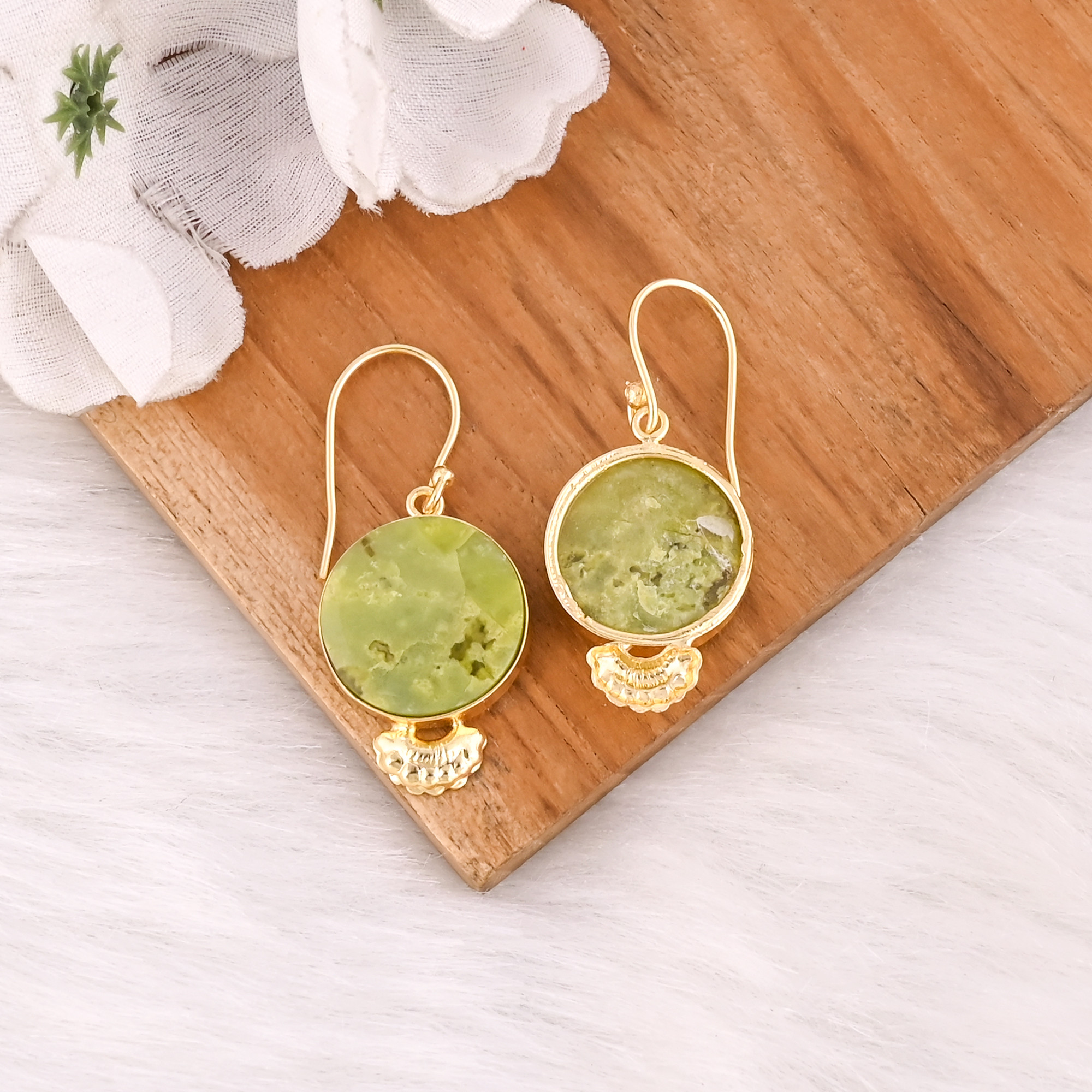 Handmade Brass Gold Plated Green Opal Stone Earrings For Daily Outfits Trendy Brass Drop Earrings For Special Events Wear