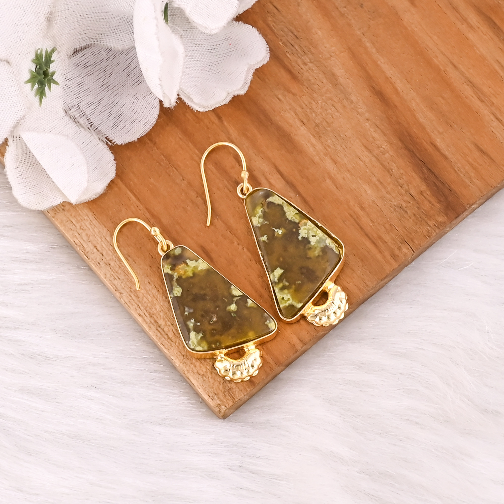 Stylish Brass Dangle Earrings With Green Opal Gemstone Earrings Delicate Brass Gold Plated Earrings For Casual Anniversary Gift