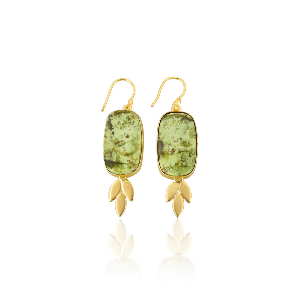 Image of Stylish Brass Dangle Earrings With Green Opal Gemstone Earrings Delicate Brass Gold Plated Earrings For Casual Anniversary Gift