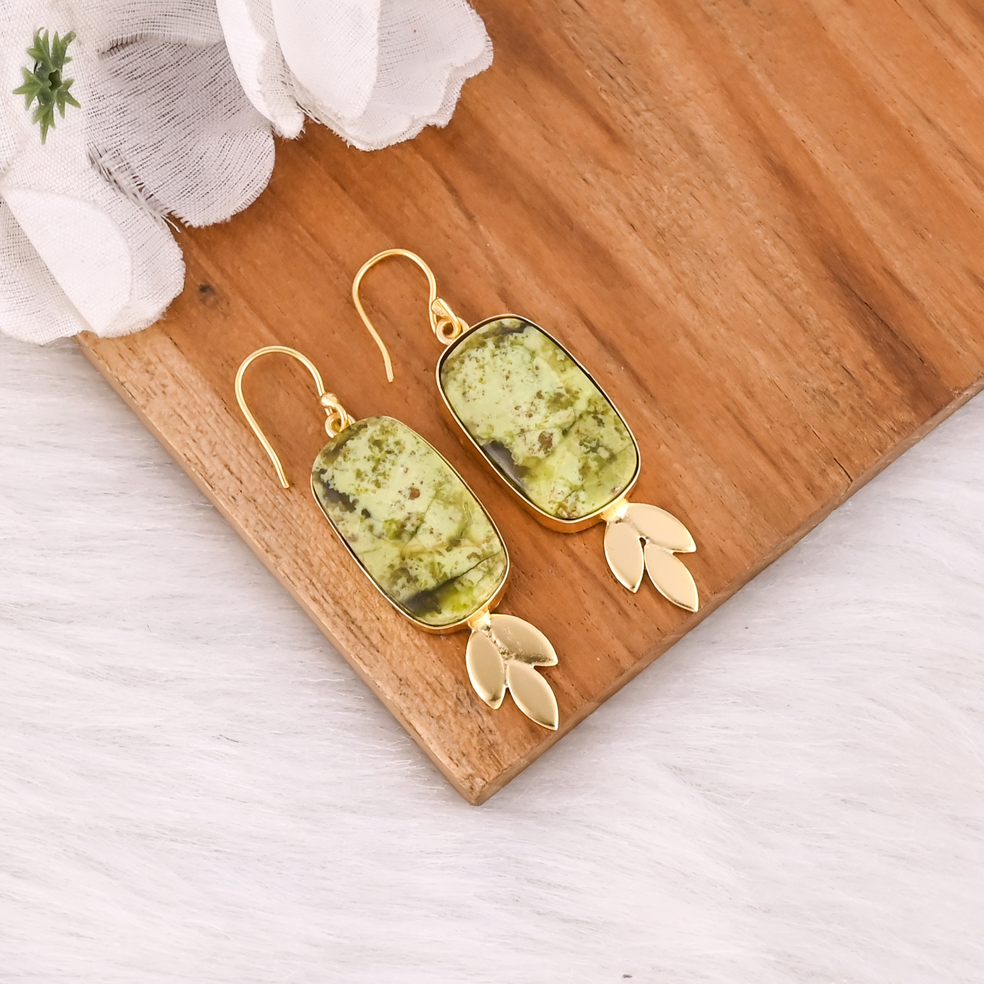 Stylish Brass Dangle Earrings With Green Opal Gemstone Earrings Delicate Brass Gold Plated Earrings For Casual Anniversary Gift