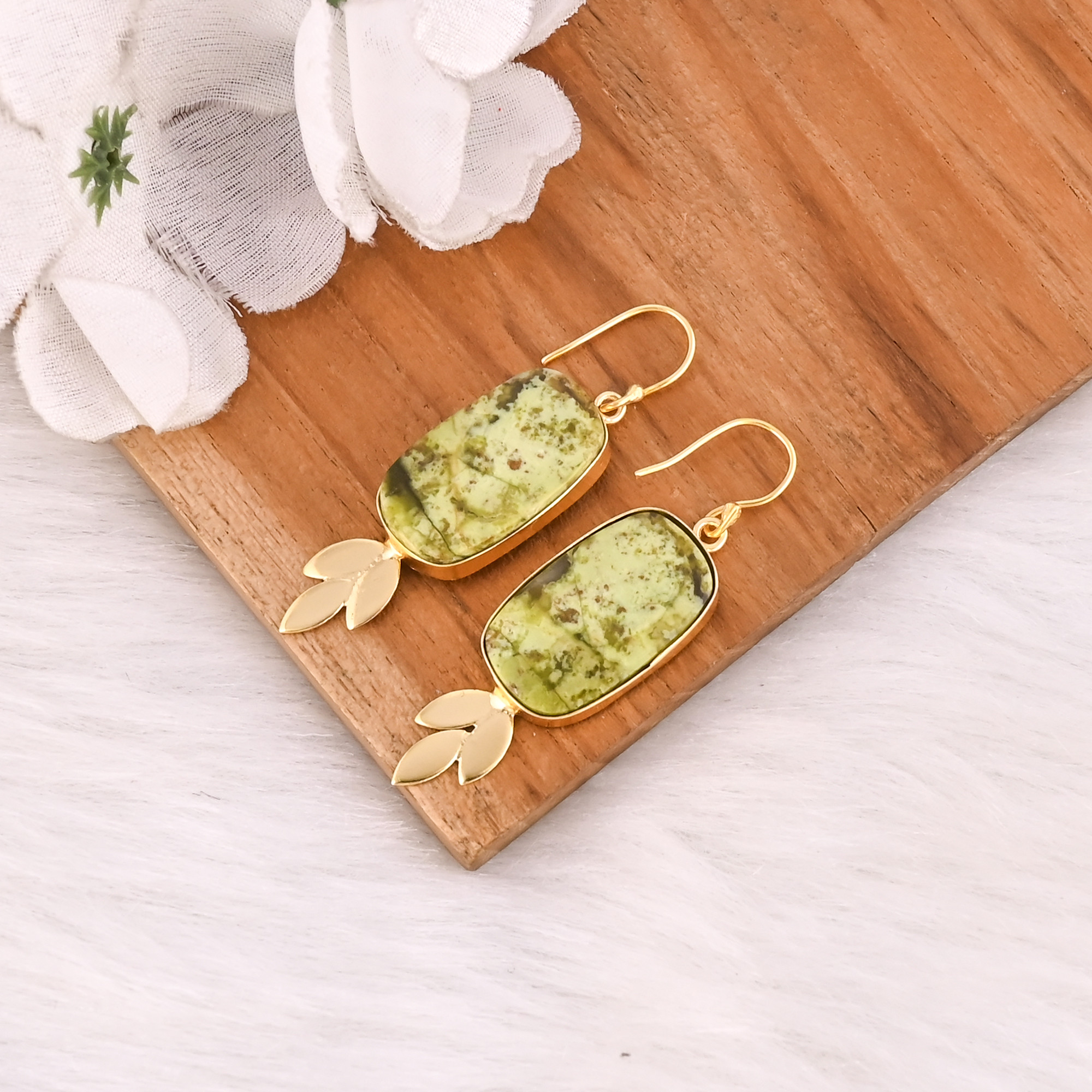 Stylish Brass Dangle Earrings With Green Opal Gemstone Earrings Delicate Brass Gold Plated Earrings For Casual Anniversary Gift