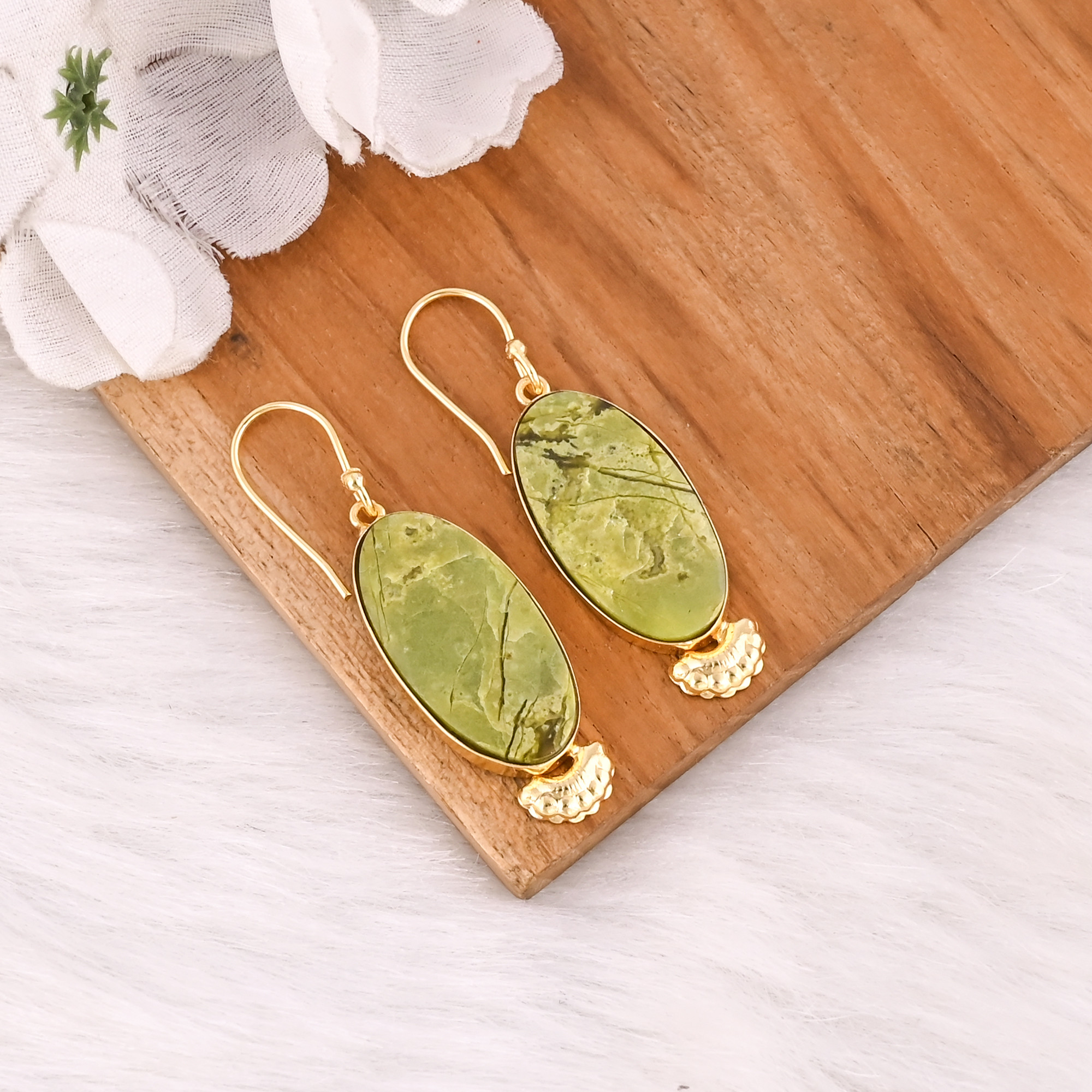 Handmade Brass Gold Plated Green Opal Stone Earrings For Daily Outfits Trendy Brass Drop Earrings For Special Events Wear