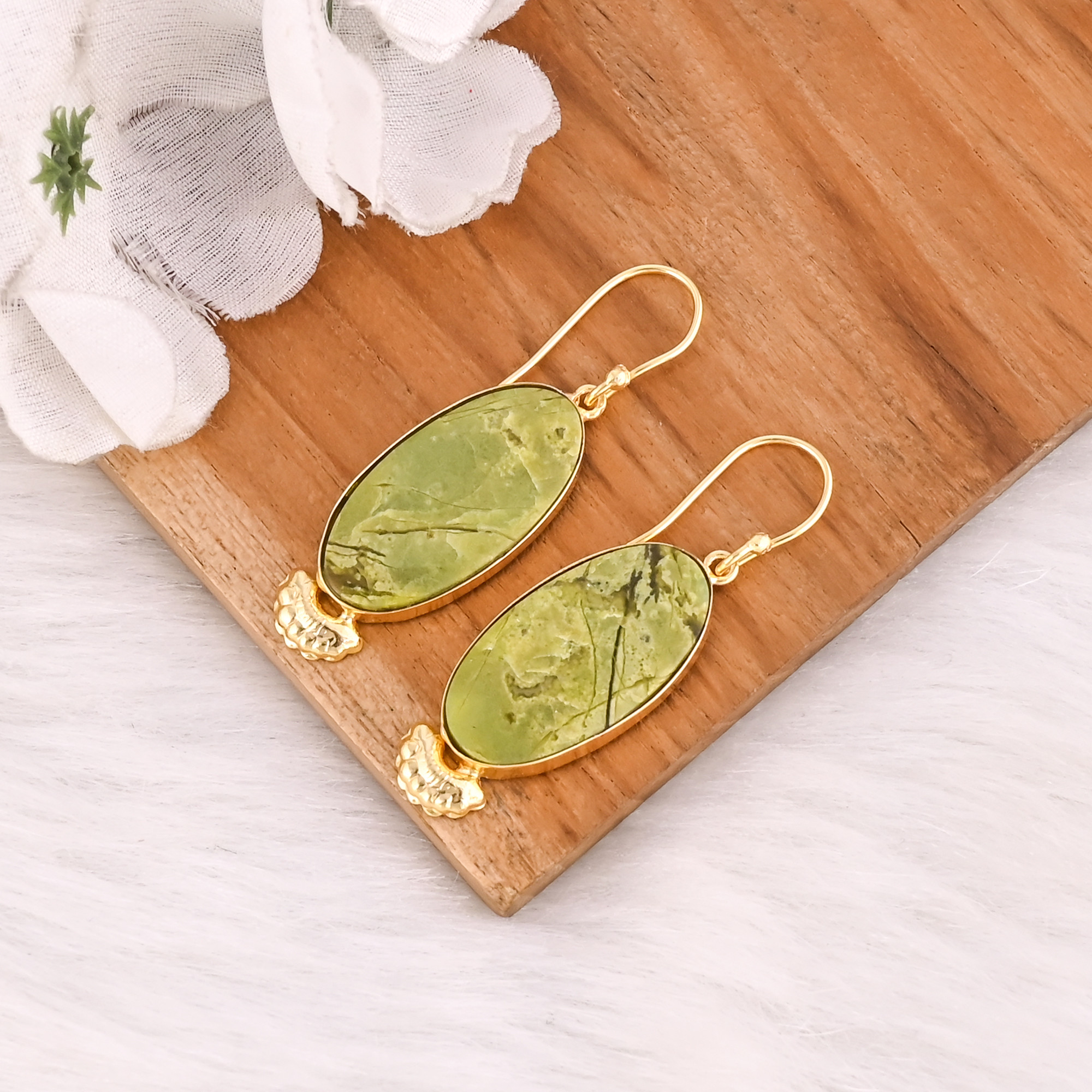 Handmade Brass Gold Plated Green Opal Stone Earrings For Daily Outfits Trendy Brass Drop Earrings For Special Events Wear