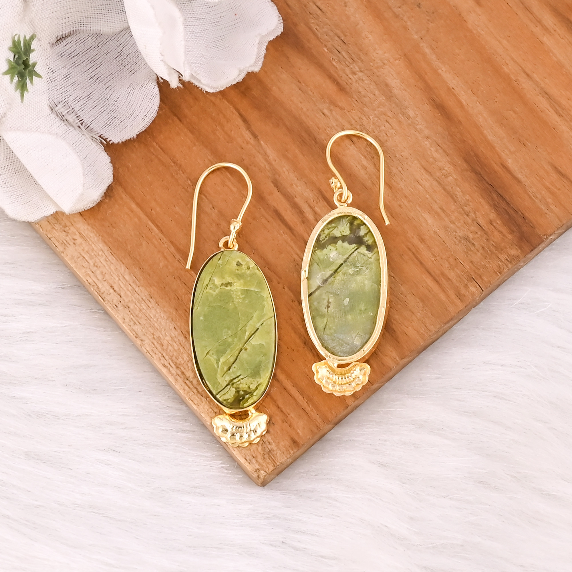 Handmade Brass Gold Plated Green Opal Stone Earrings For Daily Outfits Trendy Brass Drop Earrings For Special Events Wear