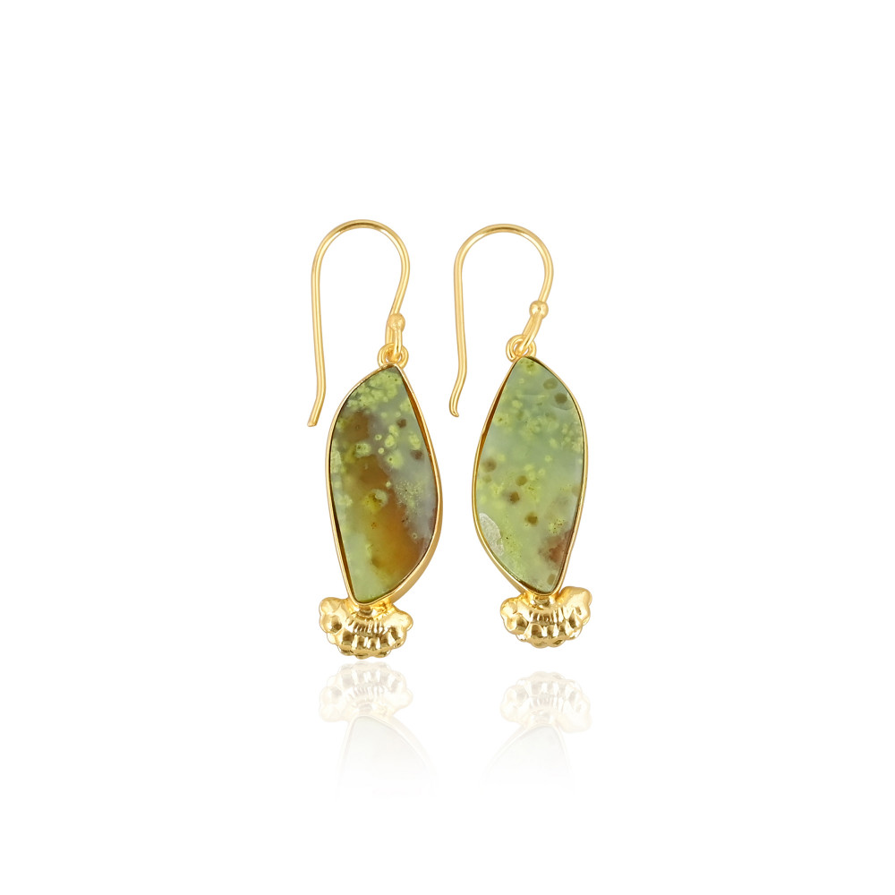 Image of Ethnic Brass Drop Earrings With Green Opal Stone Handcrafted Designer Jewelry High-quality Brass Dangle Earrings Bulk Order