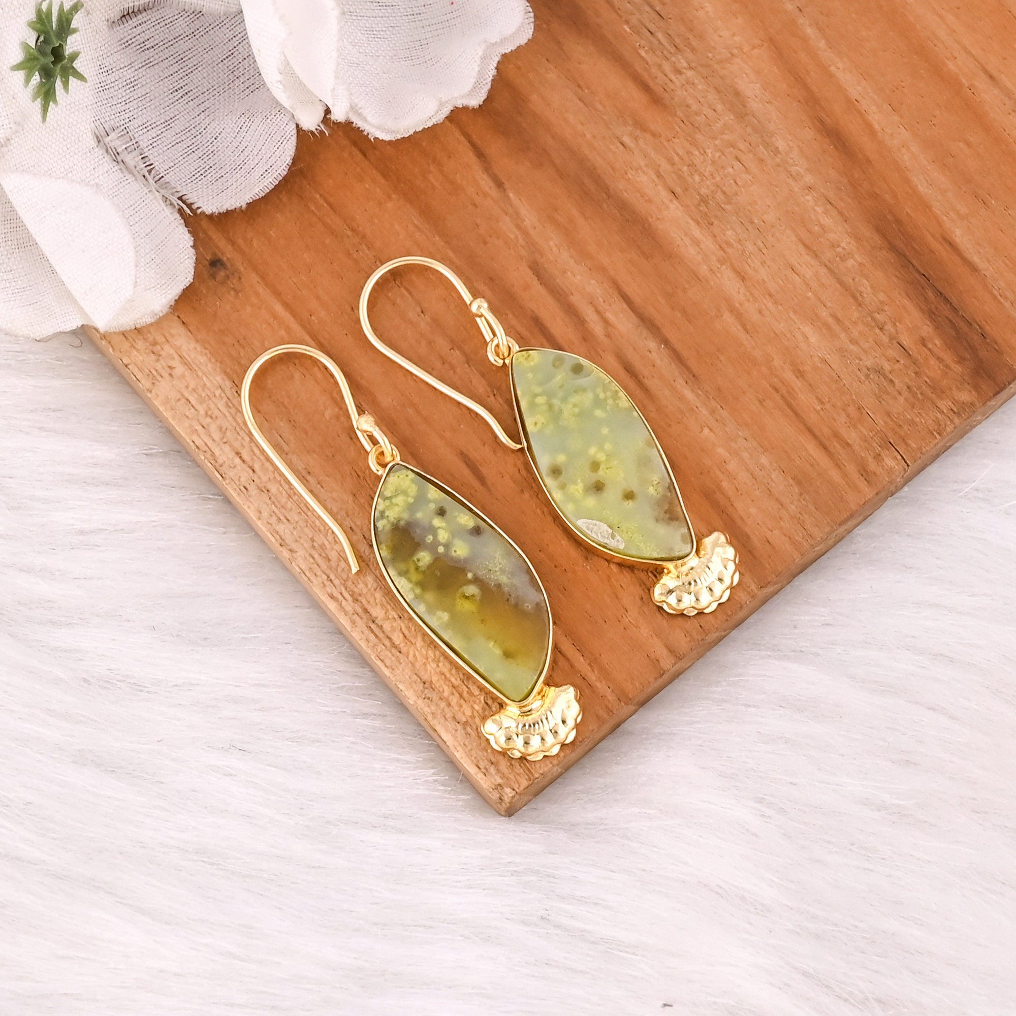 Ethnic Brass Drop Earrings With Green Opal Stone Handcrafted Designer Jewelry High-quality Brass Dangle Earrings Bulk Order