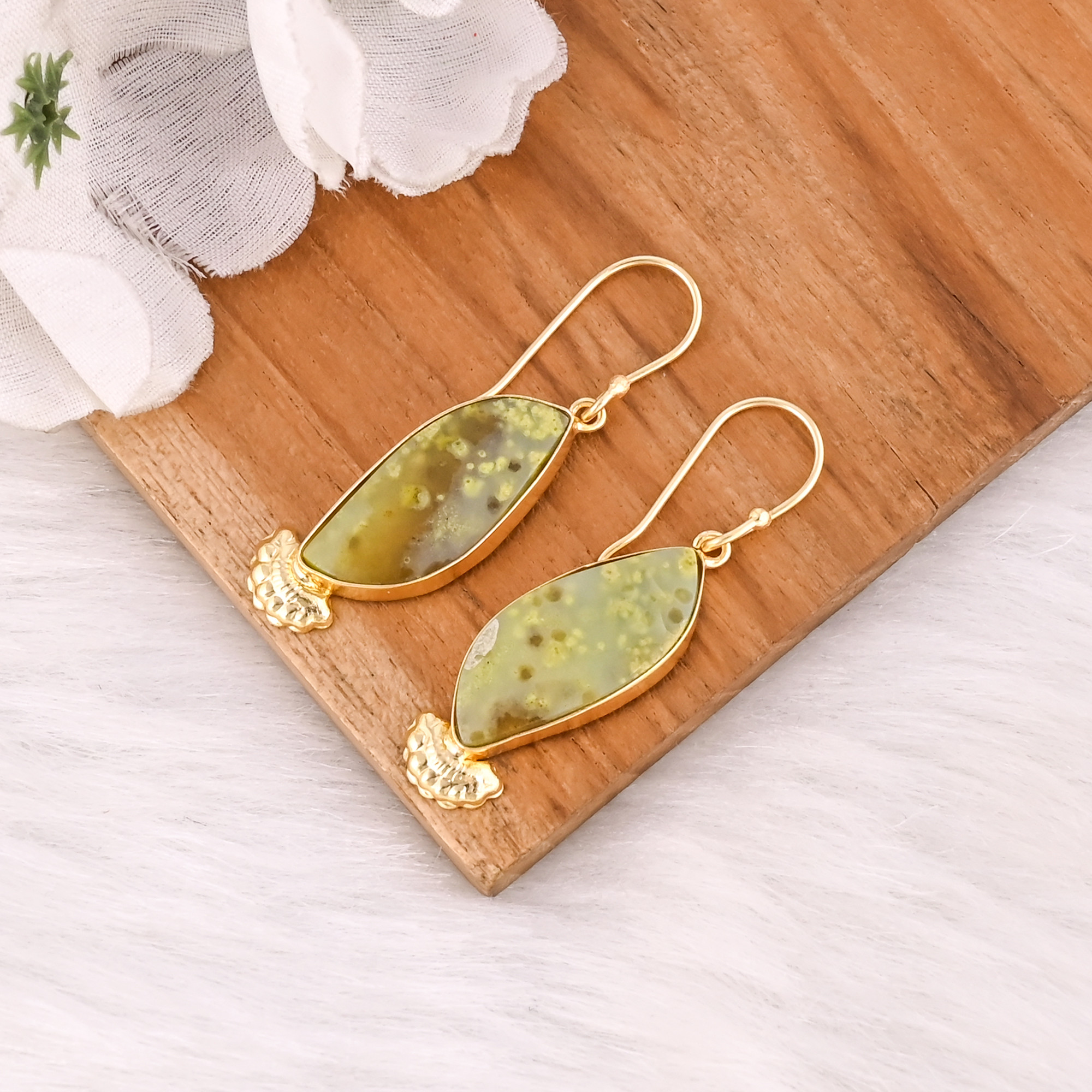 Ethnic Brass Drop Earrings With Green Opal Stone Handcrafted Designer Jewelry High-quality Brass Dangle Earrings Bulk Order