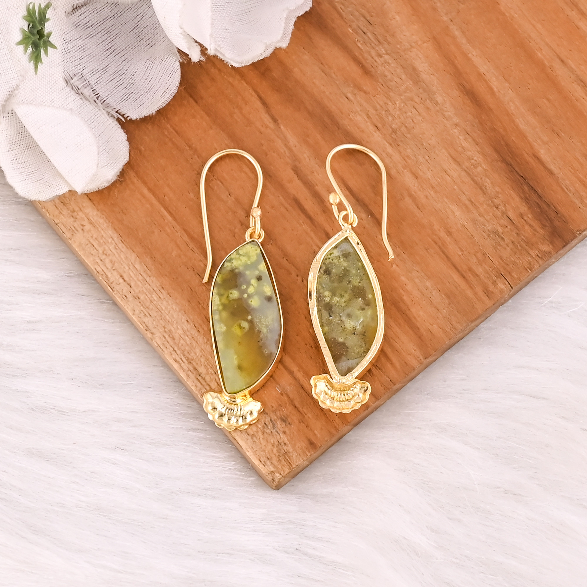 Ethnic Brass Drop Earrings With Green Opal Stone Handcrafted Designer Jewelry High-quality Brass Dangle Earrings Bulk Order