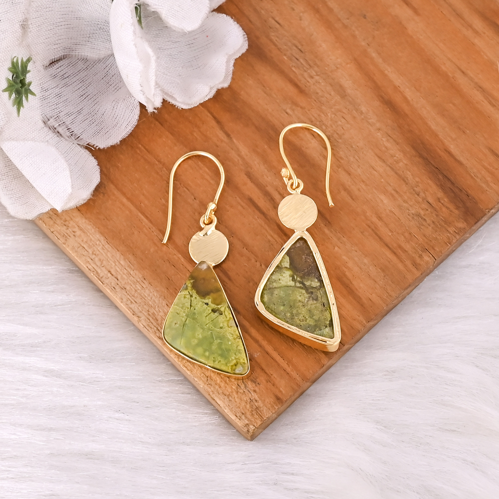 Bohemian Brass Green Opal Gemstone Earrings Handcrafted Ethnic Statement Jewelry High-quality Brass Earrings Bulk Order