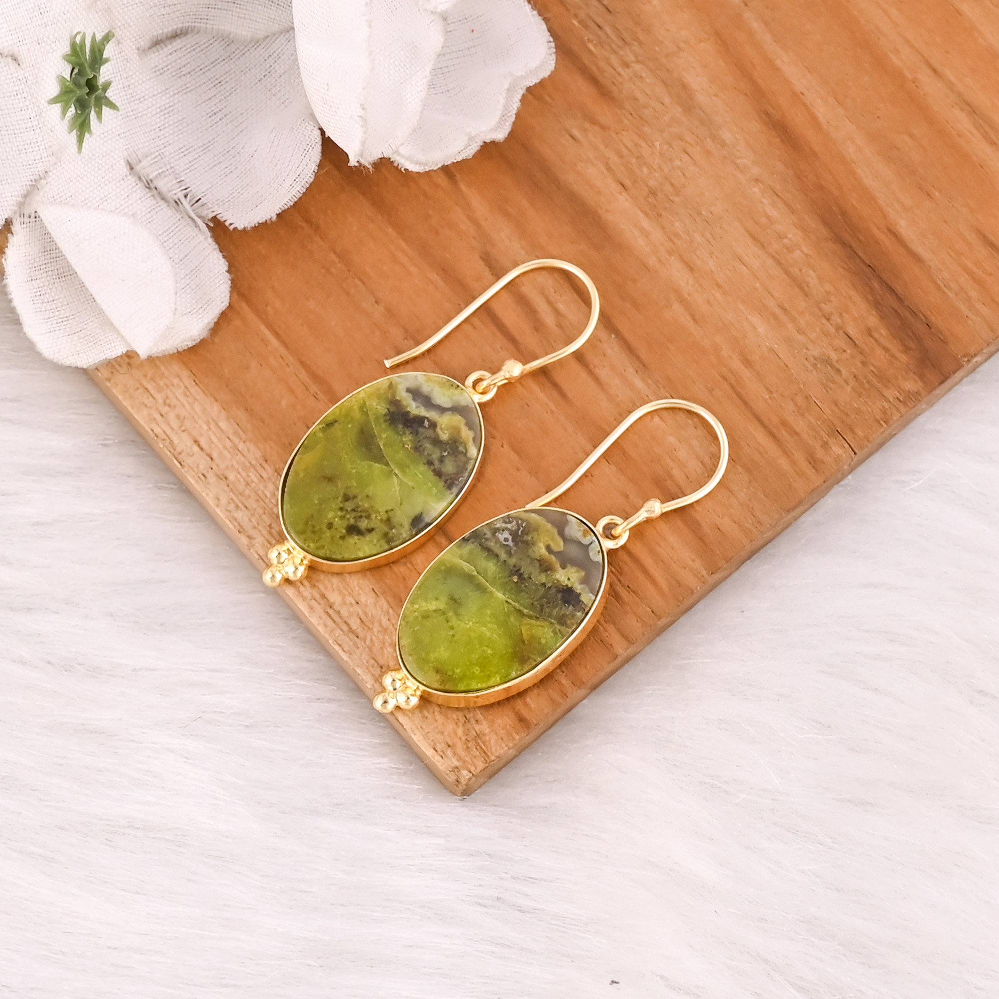 Ethnic Brass Drop Earrings With Green Opal Stone Handcrafted Tribal Jewelry High-quality Brass Dangle Earrings Bulk Order