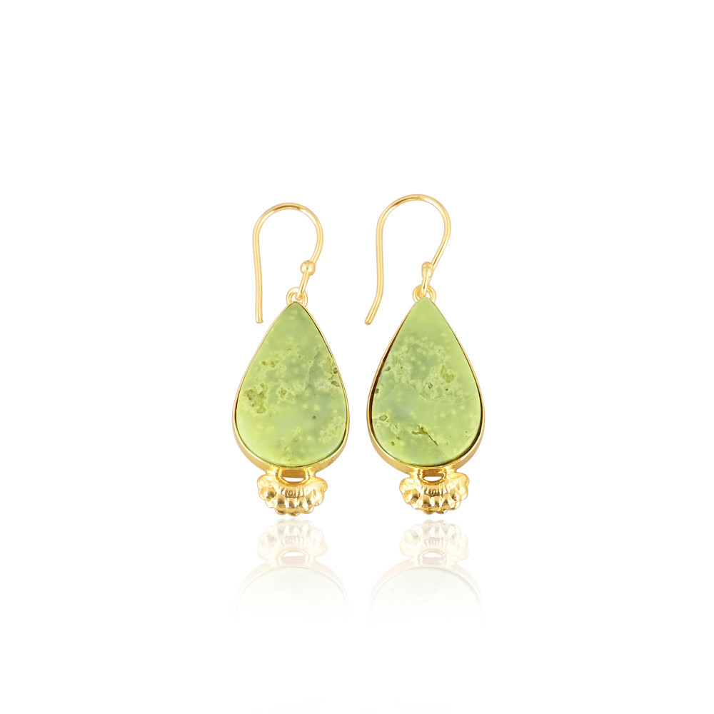 Image of Designer Brass Gold Plated Gemstone Earrings With Green Opal Elegant Brass Drop Earrings With Shine And Finish For Birthday Gift