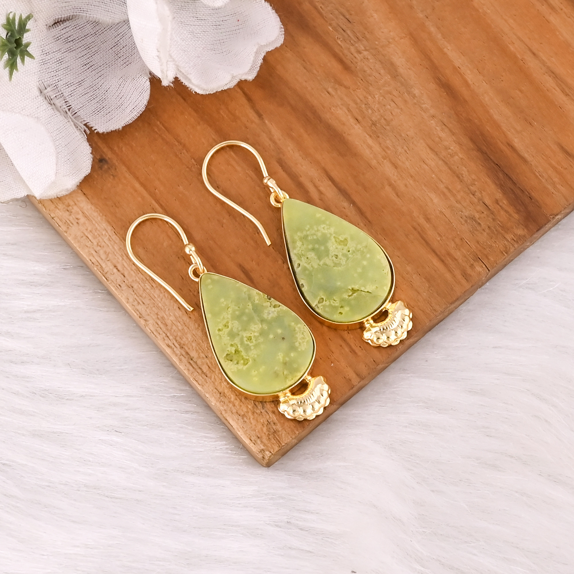 Designer Brass Gold Plated Gemstone Earrings With Green Opal Elegant Brass Drop Earrings With Shine And Finish For Birthday Gift