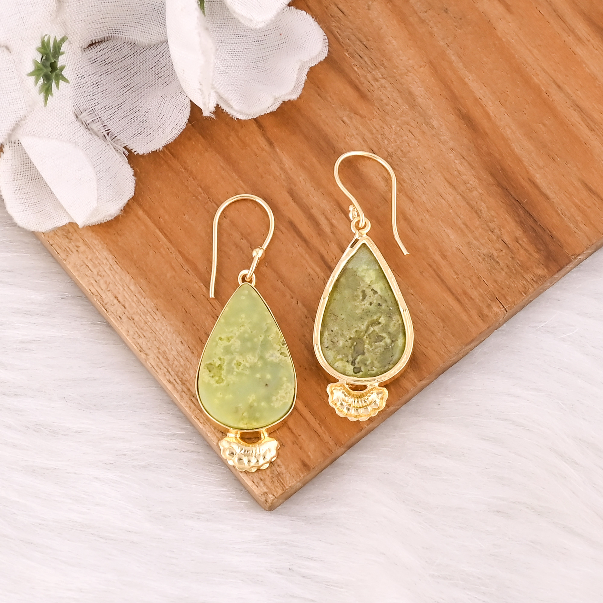Designer Brass Gold Plated Gemstone Earrings With Green Opal Elegant Brass Drop Earrings With Shine And Finish For Birthday Gift