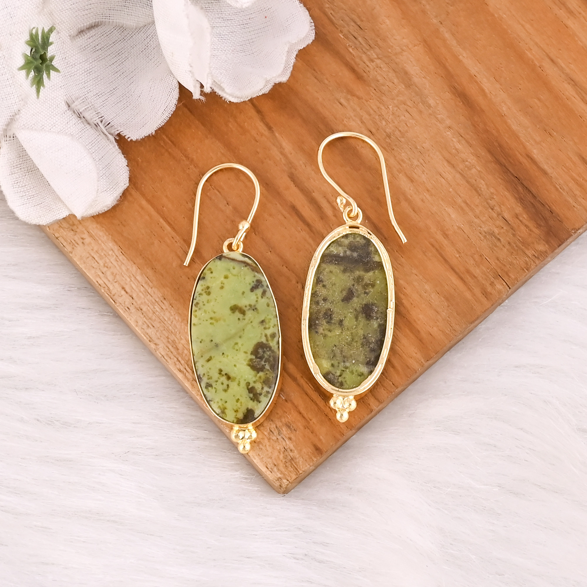 Handmade Brass Gold Plated Green Opal  Stone Earrings For Daily Outfits Trendy Brass Drop Earrings For Special Events Wear