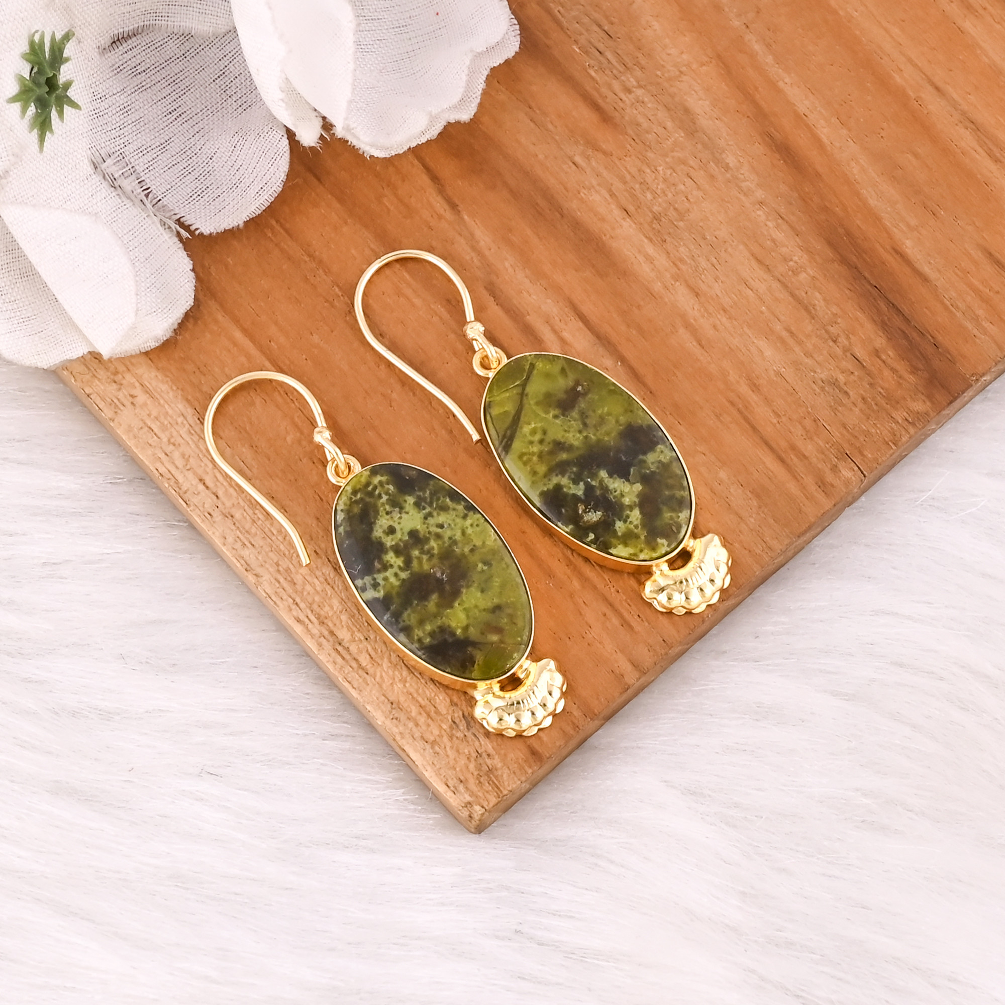 Stylish Brass Drop Dangle Earrings With Green Opal Gemstone Earrings Delicate Brass Gold Plated Earrings For Casual Gift