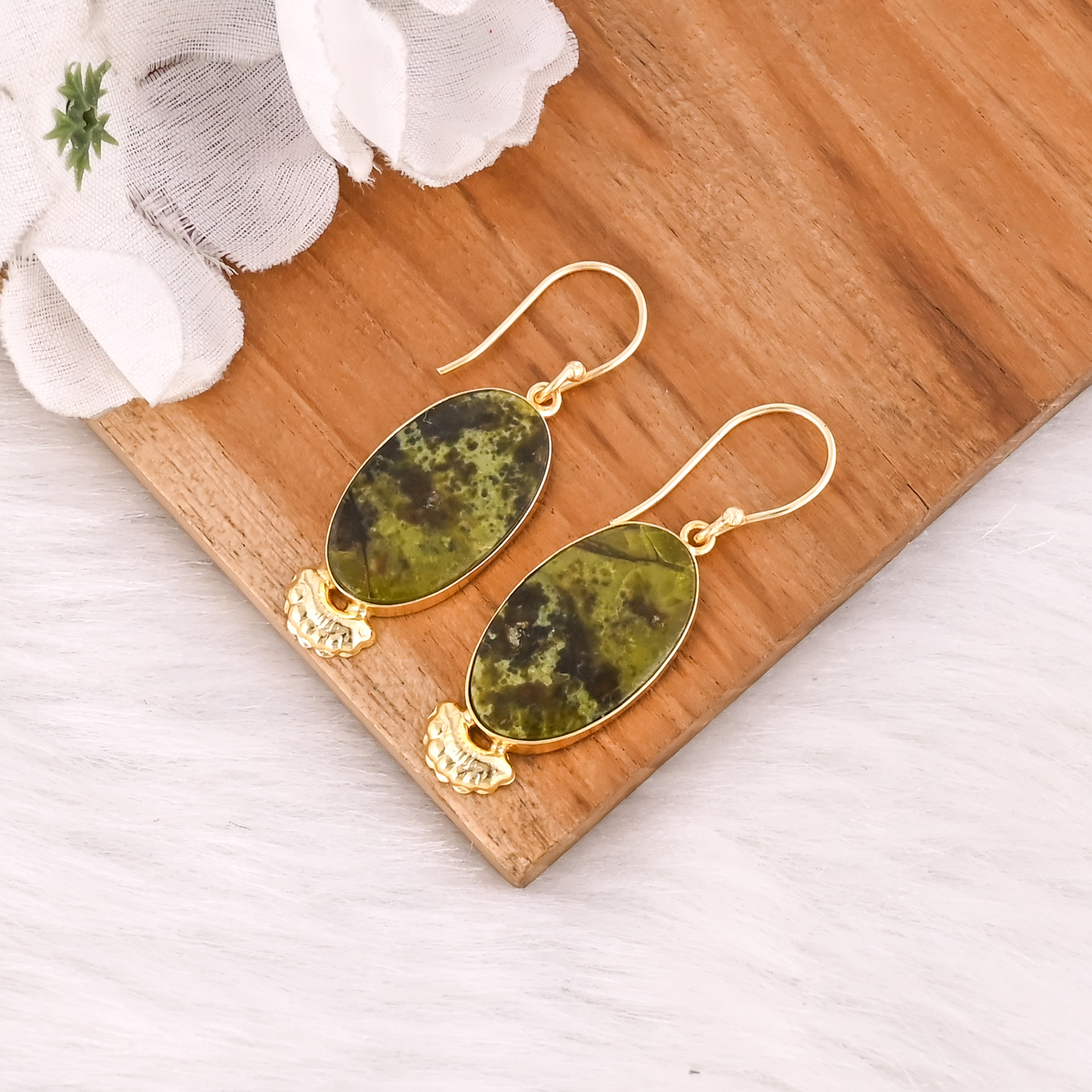 Stylish Brass Drop Dangle Earrings With Green Opal Gemstone Earrings Delicate Brass Gold Plated Earrings For Casual Gift