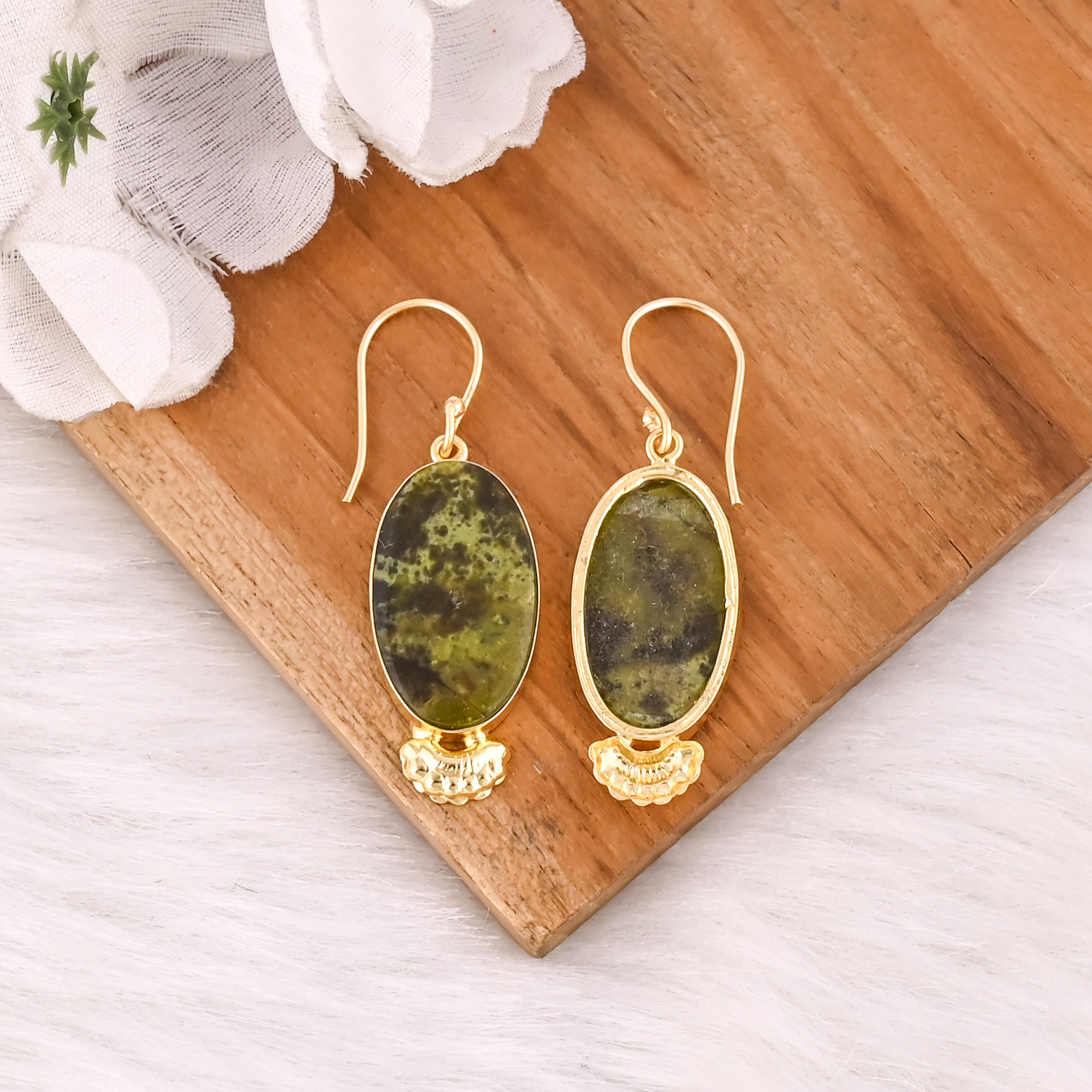 Stylish Brass Drop Dangle Earrings With Green Opal Gemstone Earrings Delicate Brass Gold Plated Earrings For Casual Gift