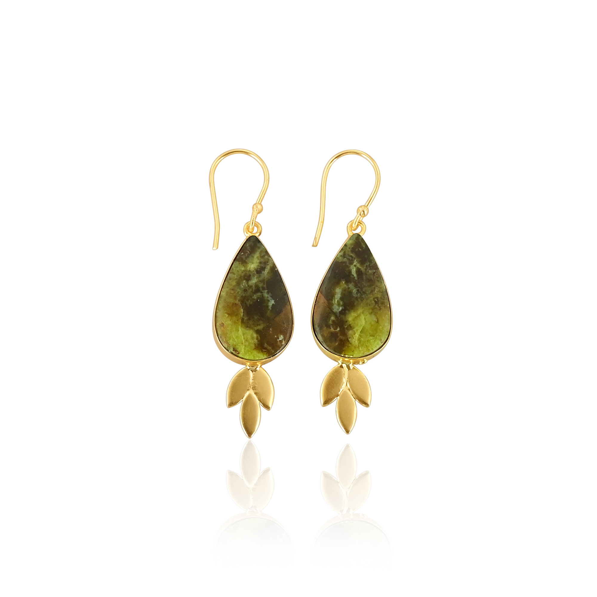 Bohemian Brass Gold Plated Green Opal Gemstone Earrings Handcrafted Ethnic Statement Jewelry High-Quality Brass Earrings