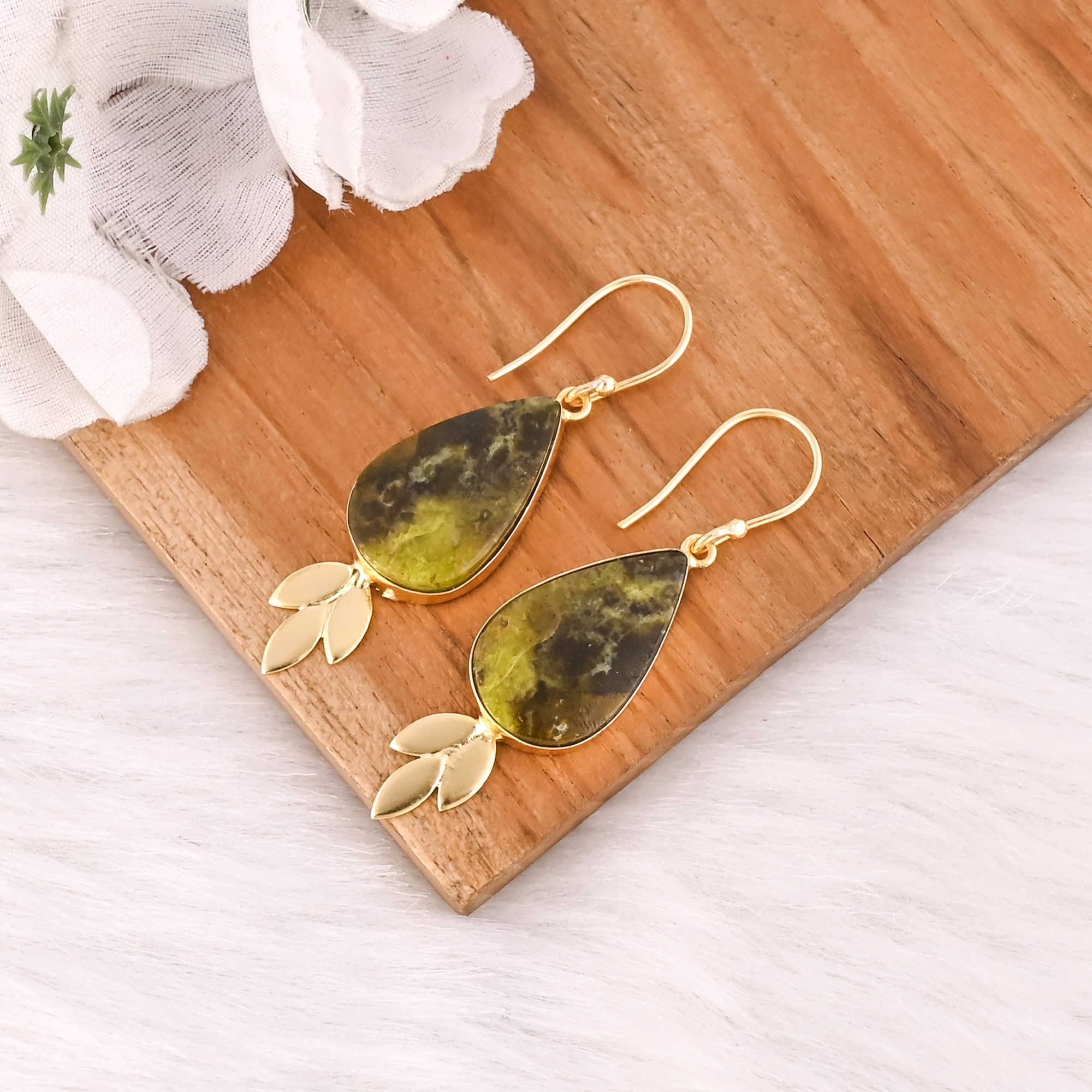 Bohemian Brass Gold Plated Green Opal Gemstone Earrings Handcrafted Ethnic Statement Jewelry High-Quality Brass Earrings
