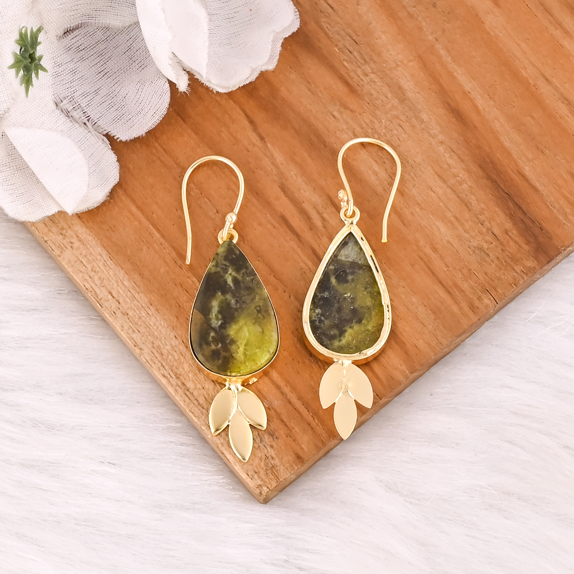 Bohemian Brass Gold Plated Green Opal Gemstone Earrings Handcrafted Ethnic Statement Jewelry High-Quality Brass Earrings