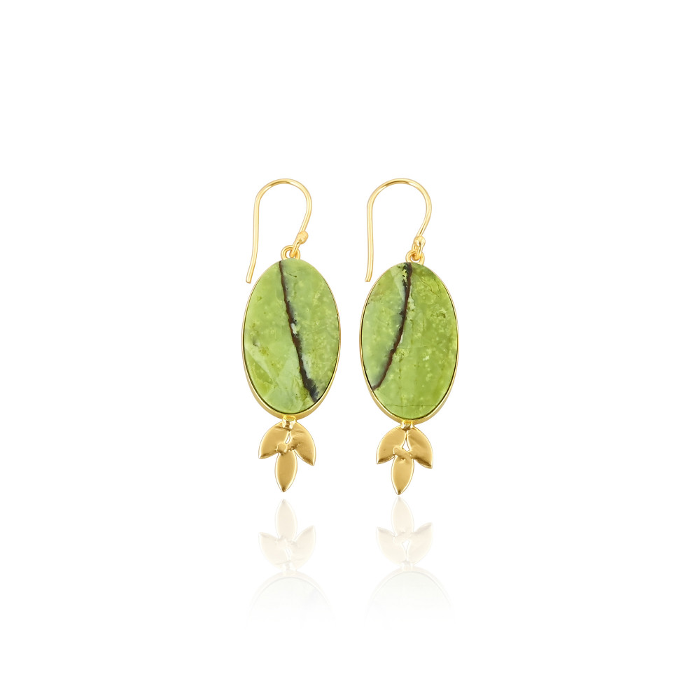 Image of Designer Brass Gold Plated Gemstone Earrings With Green Opal Elegant Brass Drop Earrings With Shine And Finish