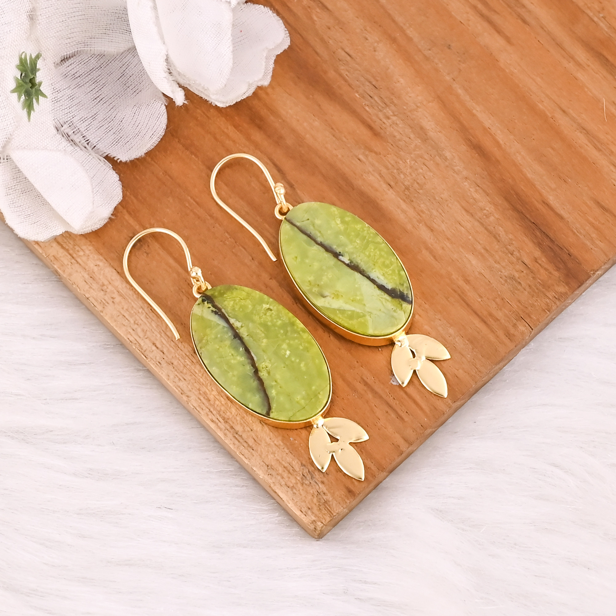 Designer Brass Gold Plated Gemstone Earrings With Green Opal Elegant Brass Drop Earrings With Shine And Finish