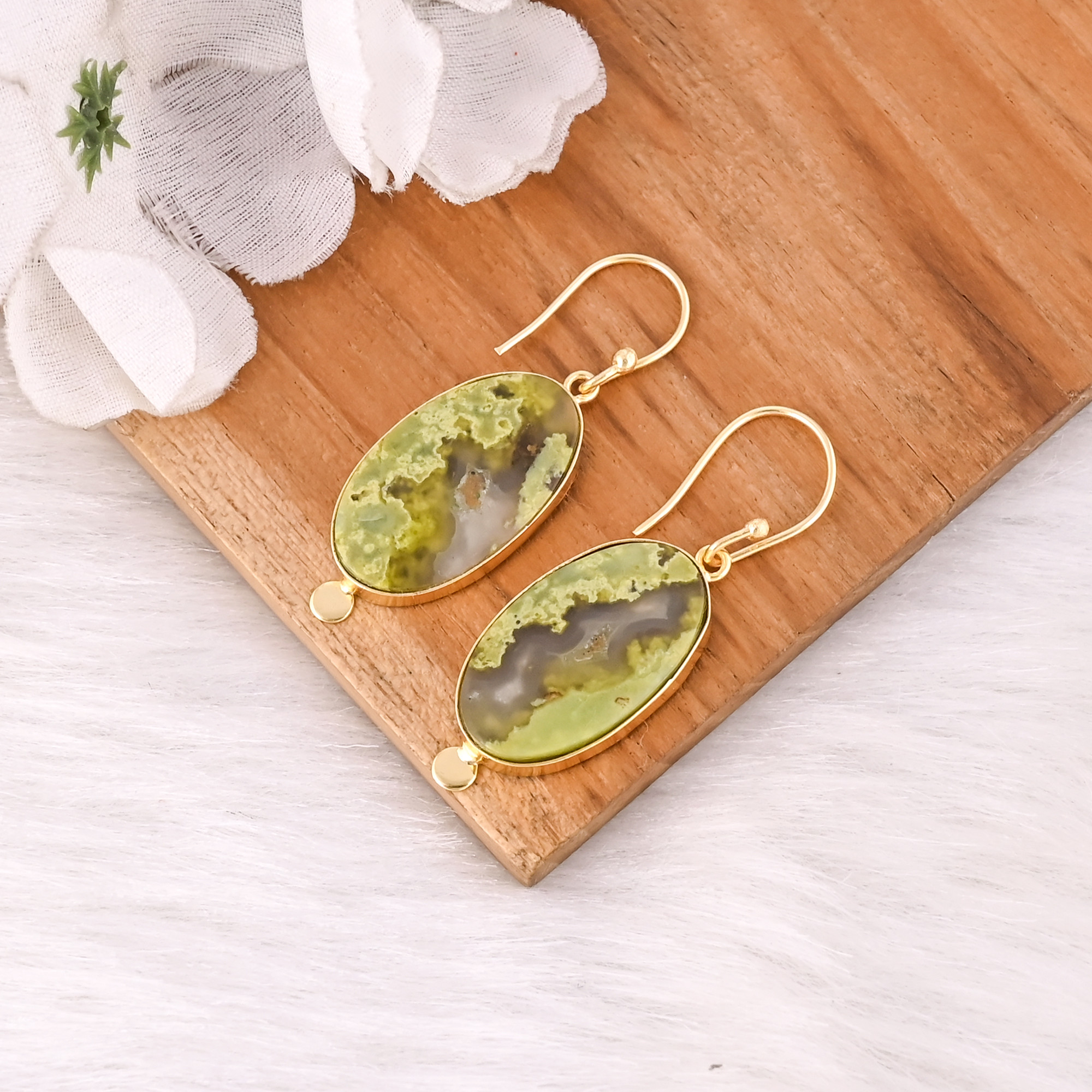 Handmade Brass Gold Plated Green Opal Stone Earrings For Daily Outfits Trendy Brass Drop Earrings For Special Events Wear