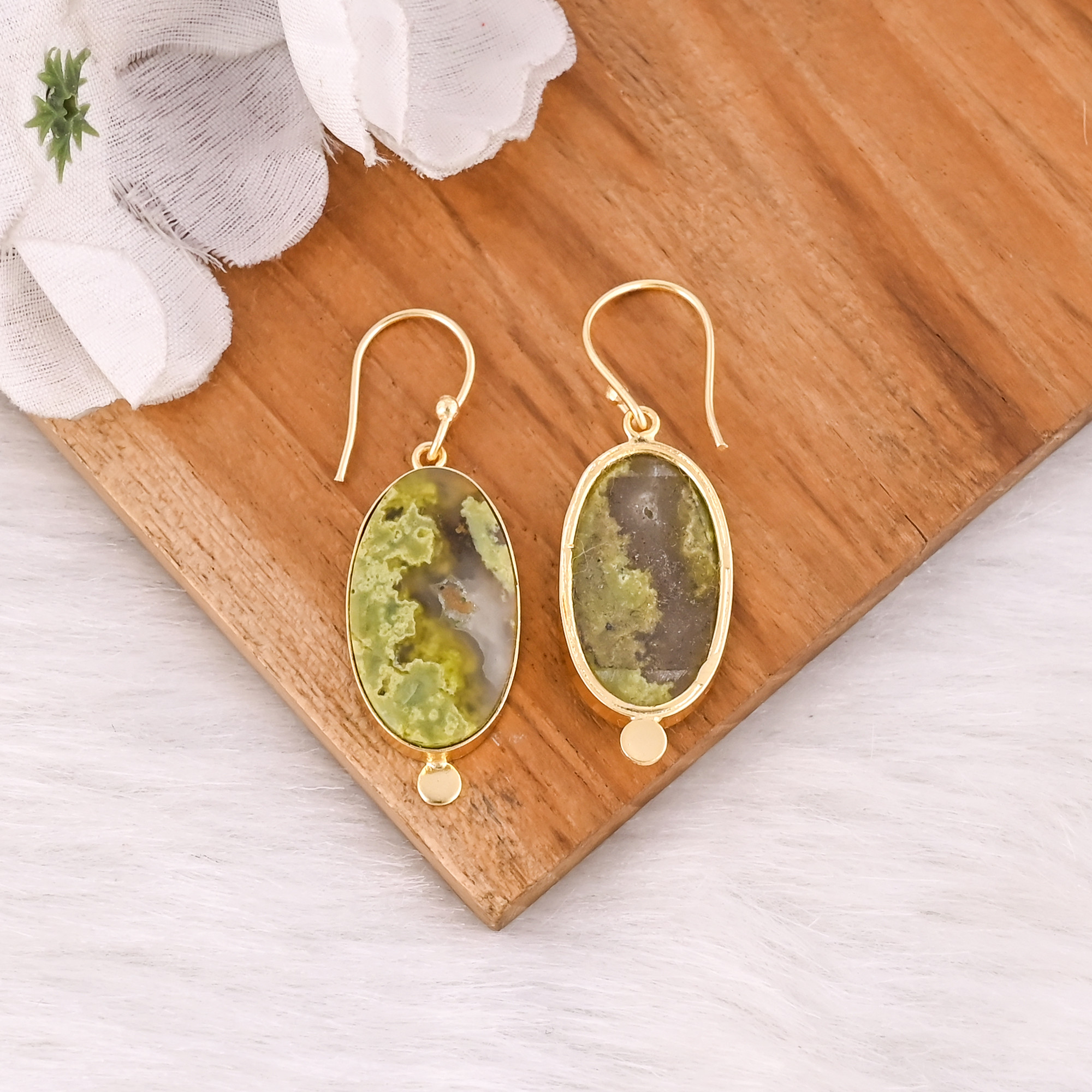 Handmade Brass Gold Plated Green Opal Stone Earrings For Daily Outfits Trendy Brass Drop Earrings For Special Events Wear