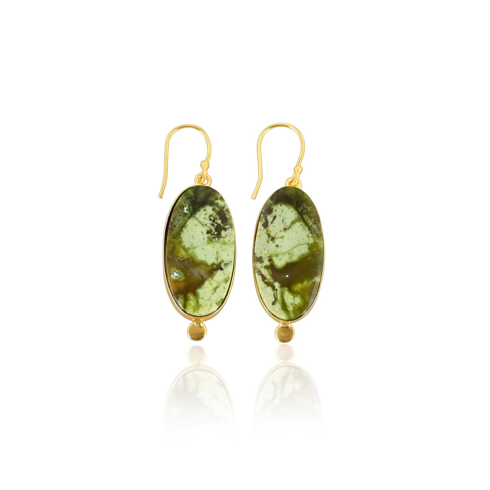 Image of Natural Look Brass Gold Plated Green Opal Drop Earrings With Handcrafted Designer Charm Brass Drop Earrings Gift For Her