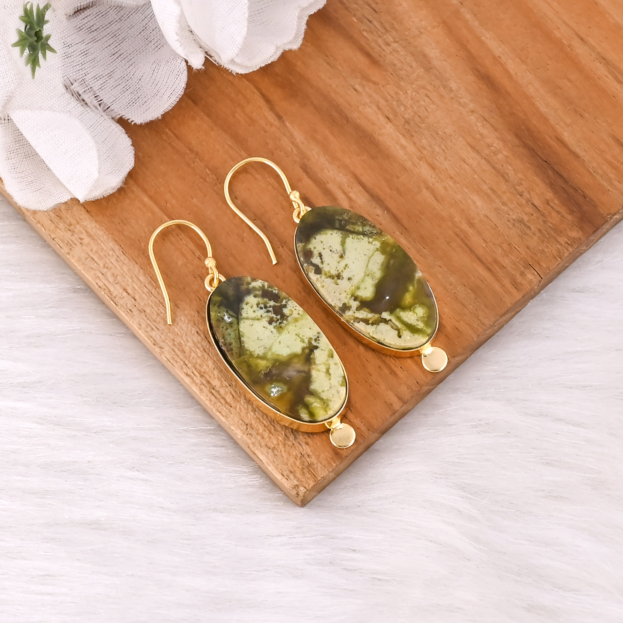 Natural Look Brass Gold Plated Green Opal Drop Earrings With Handcrafted Designer Charm Brass Drop Earrings Gift For Her