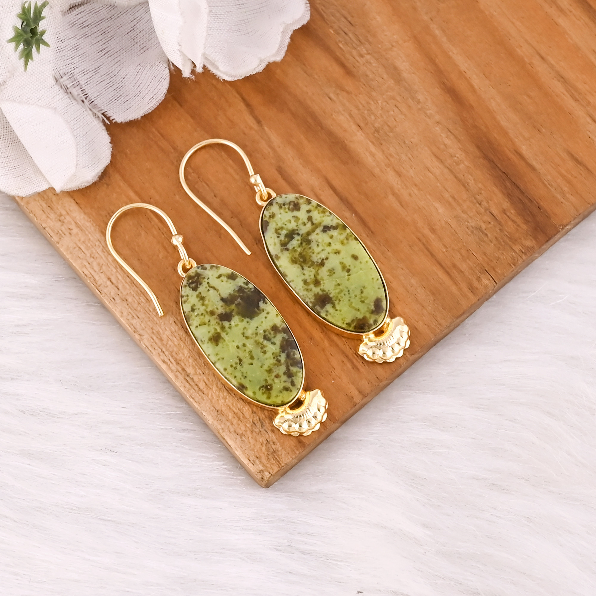 Handmade Classic Style Gold Plated Brass Earrings Green Opal Gemstone Dangle Earring Handcrafted Earring Wholesale Manufacturer